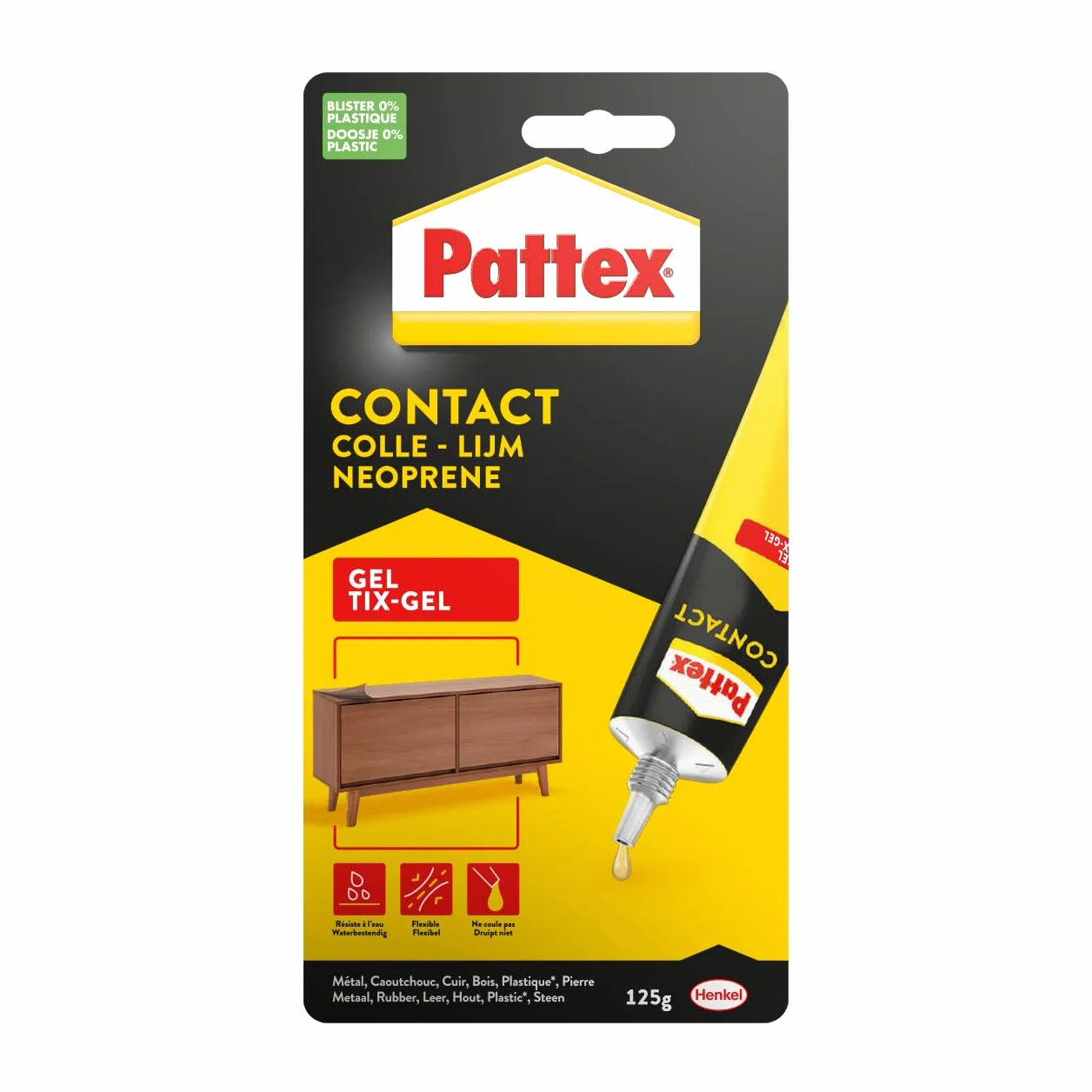 Pattex Colle contact type néoprène- Formule Gel tous matériaux- tube 125 gr