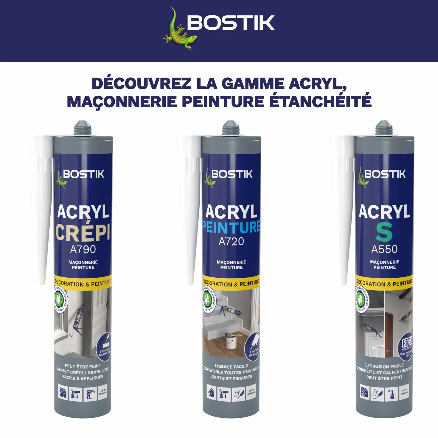 Bostik Acryl Peinture – Mastic Acrylique – Intérieur – Spécial Peinture, Calfeutreutement et Fissures – Tous Matériaux – Blanc – Cartouche 310 ml