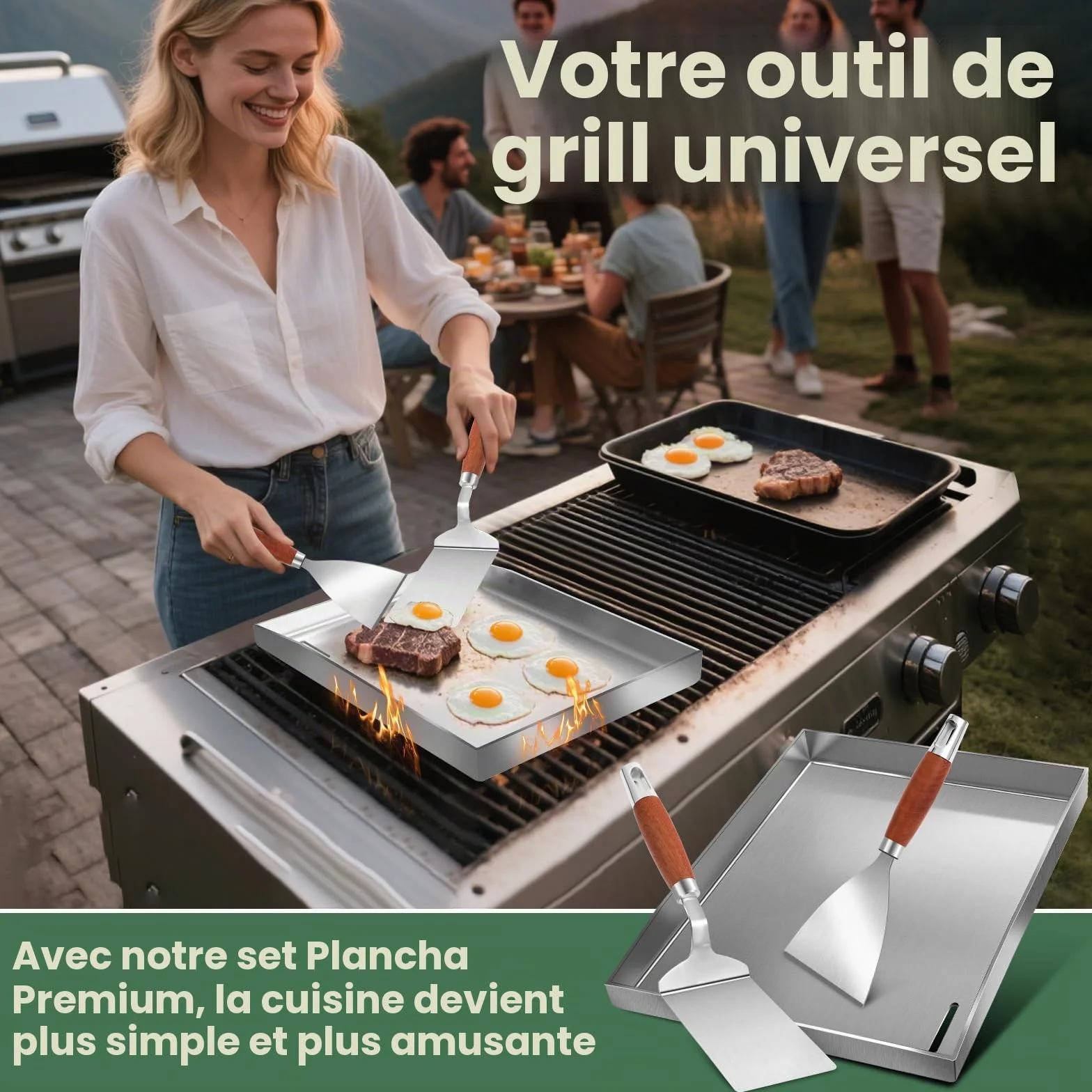 Lot plancha acier inoxydable massif 4 mm 30 x 40 cm pour barbecue gaz charbon avec spatule
