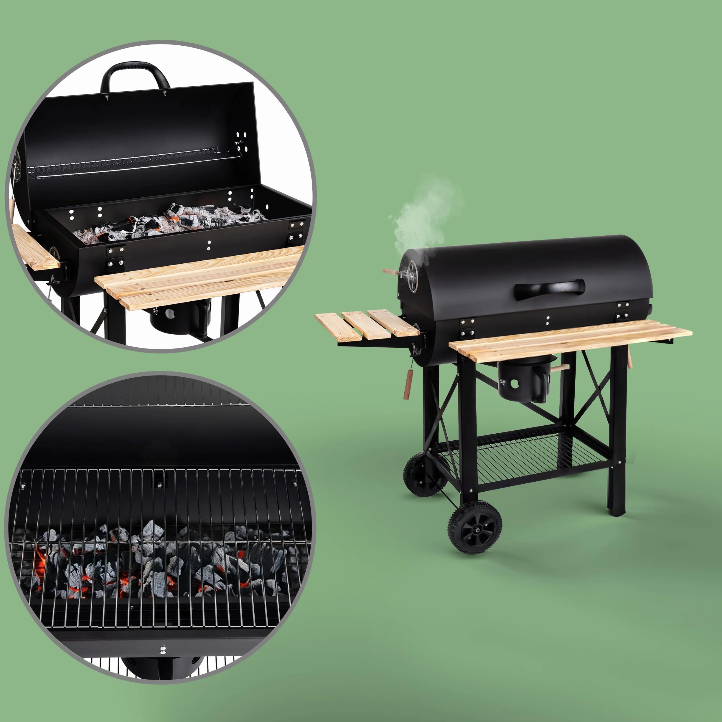 LEHMANN Barbecue Charbon de Bois XL avec Grille de Cuisson, Étagères en Bois, Couvercle, Roulettes