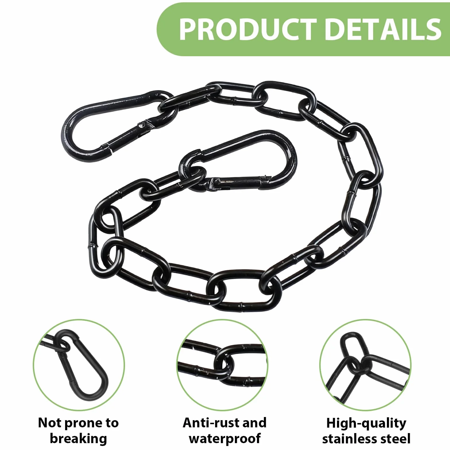 2 Pièces 60Cm Chaine Acier Inoxydable 304 Avec 4 Mousquetons, pour Accrocher Chaîne d'ancre Hamac Multifonctionnel,pour Jardinières, Barrières de Clôture, Balançoires, Portes De Cages, Lustres,Noir