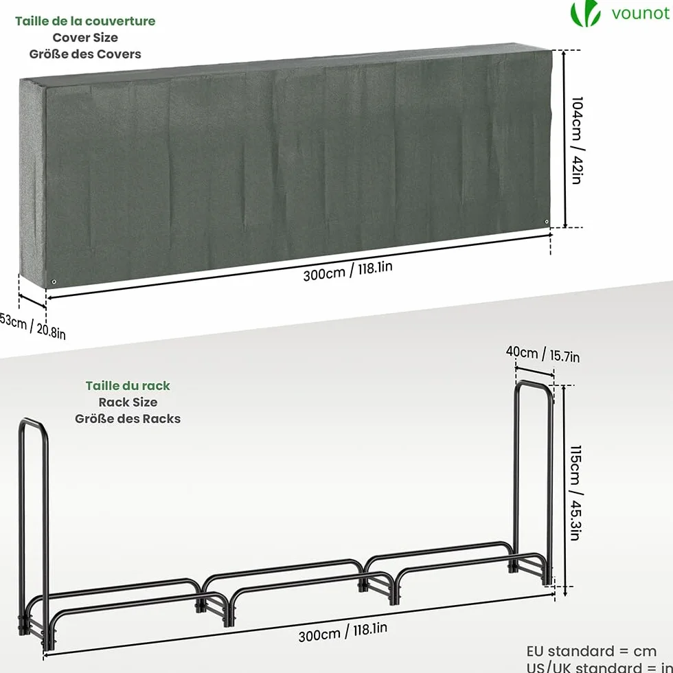 VOUNOT Étagère à bûches en métal Vert 300 x 115 x 40 cm