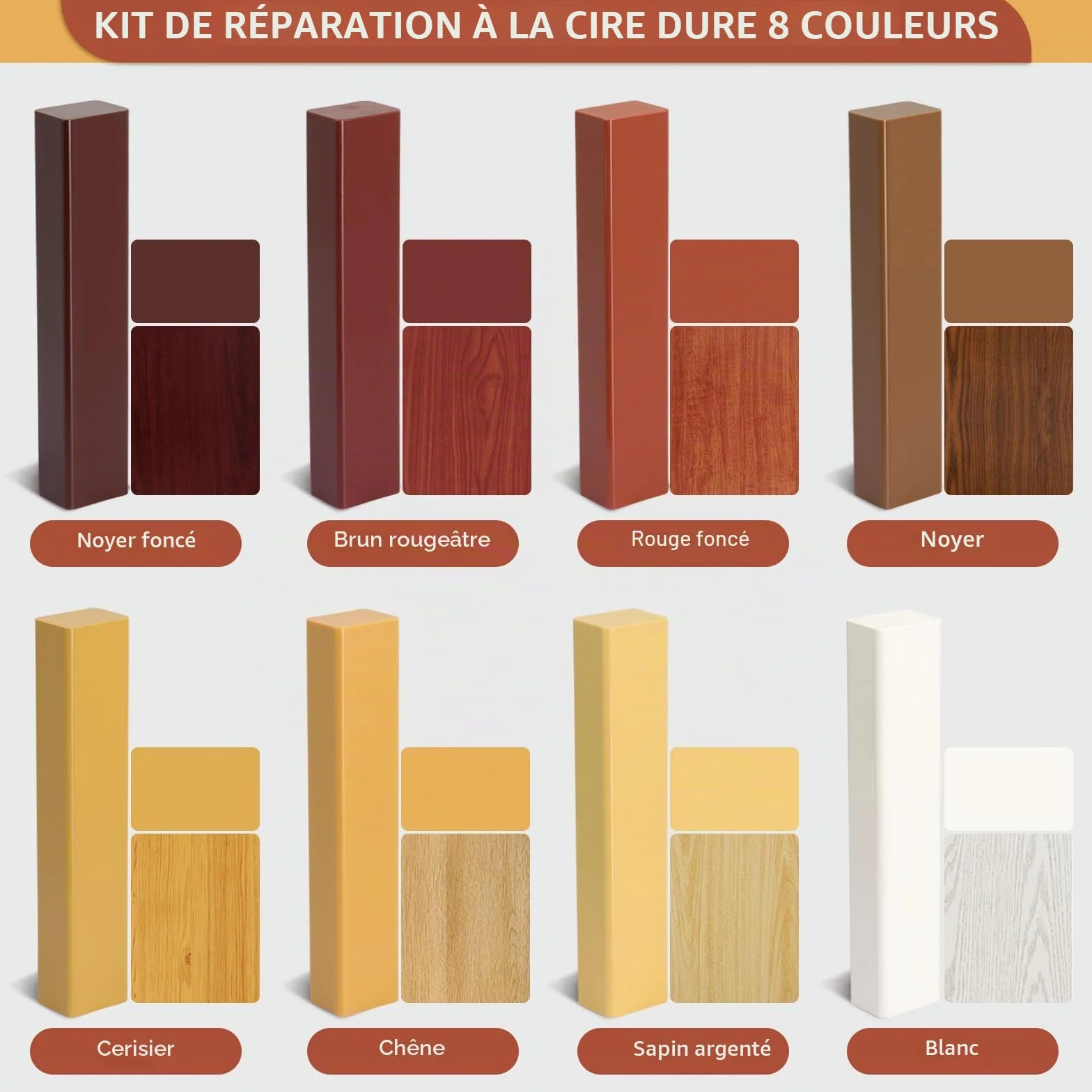 Kit Reparation Parquet 8 Couleurs Brun, Pate a Bois, Pate a Bois Rebouchage, Pâte à Bois, Parquet Stratifié pour Réparer les Rayures, Fissures et Trous sur le Stratifié et le Bois