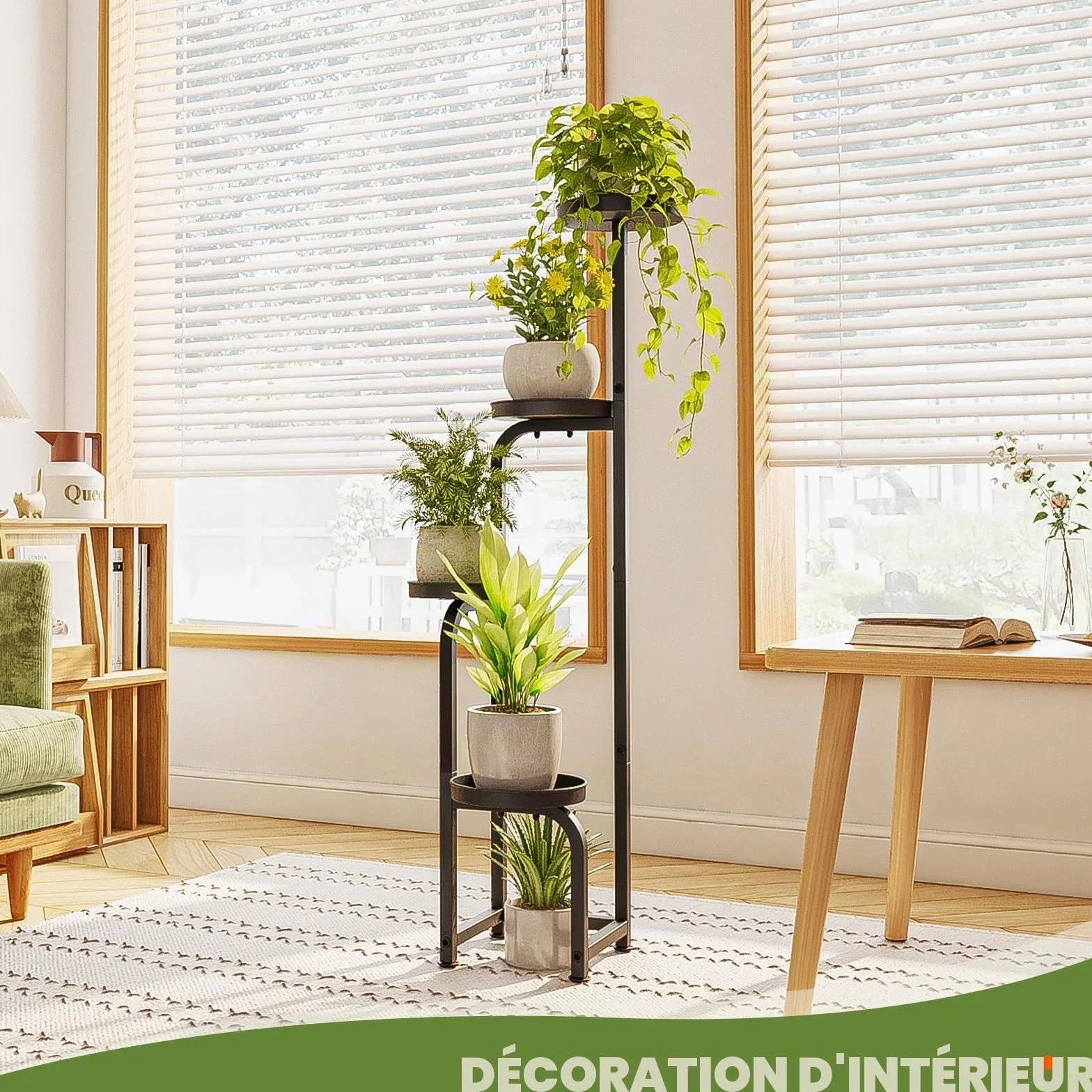 Bamworld Support Plantes Intérieur Haut 4 Niveaux Métal Étagère Plante pour Extérieur Terrasse Jardin Balcon