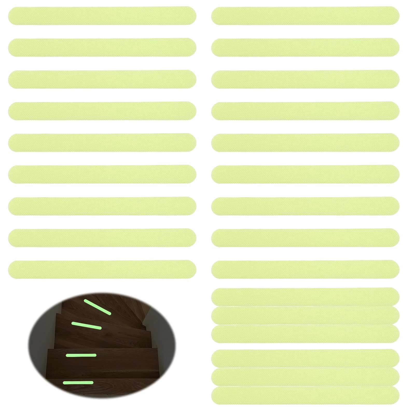 Lot de 24 bandes adhésives antidérapantes phosphorescentes pour marches d'escalier, lits superposés, baignoires, cuisines, piscines - 2 x 20 cm