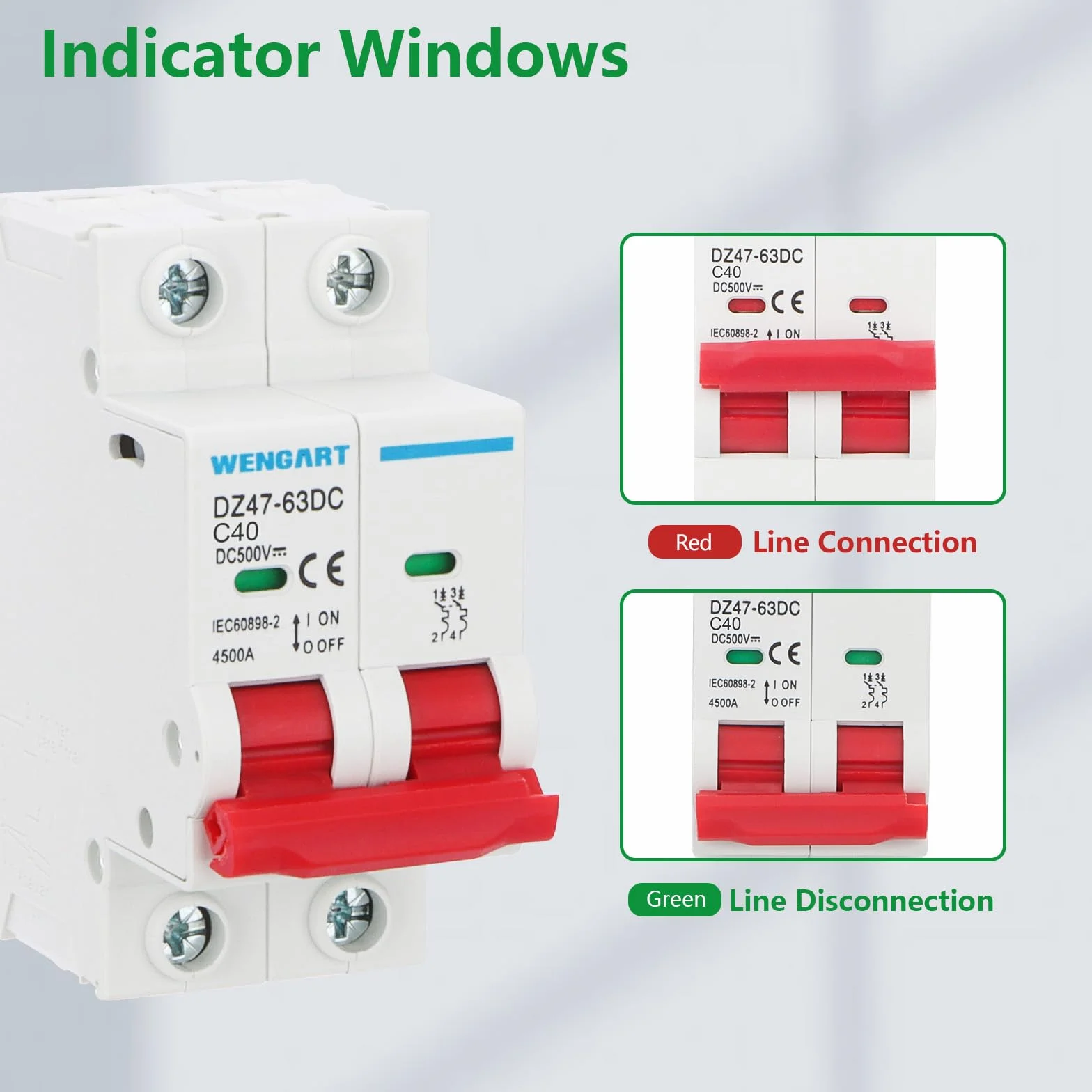 Wengart Disjoncteur CC 500V 40A - Protection Magnétothermique 2 Pôles - Spécial Solaire Photovoltaïque, Camping-Car et Batteries - Montage Rail DIN - Polarisé (+/-) - DZ47-63Z