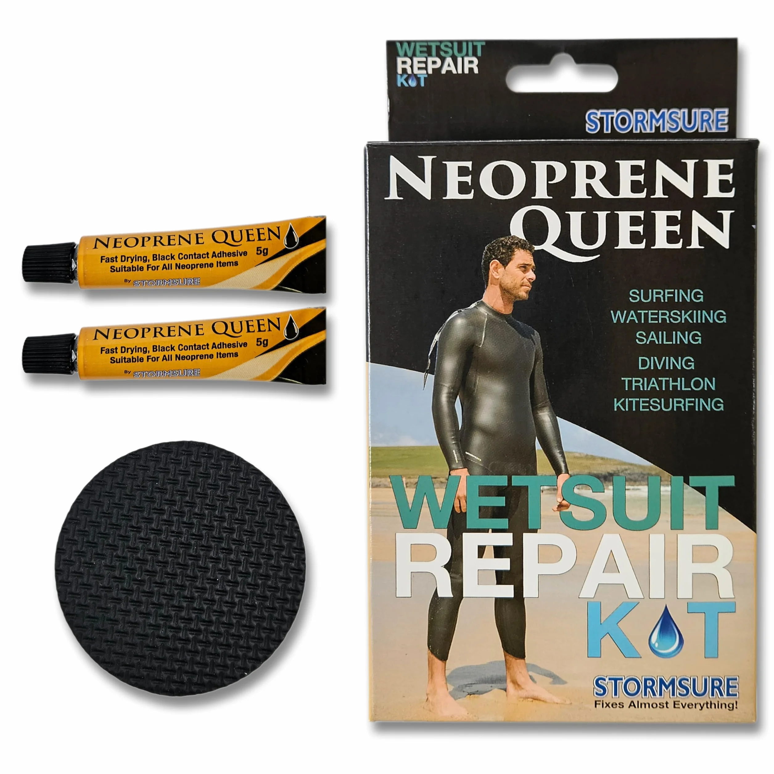 Kit de réparation Neoprene Queen Wetsuit - Colle imperméable à séchage rapide avec patchs en néoprène pour des réparations flexibles rapides sur le surf, la natation et l'équipement de triathlon
