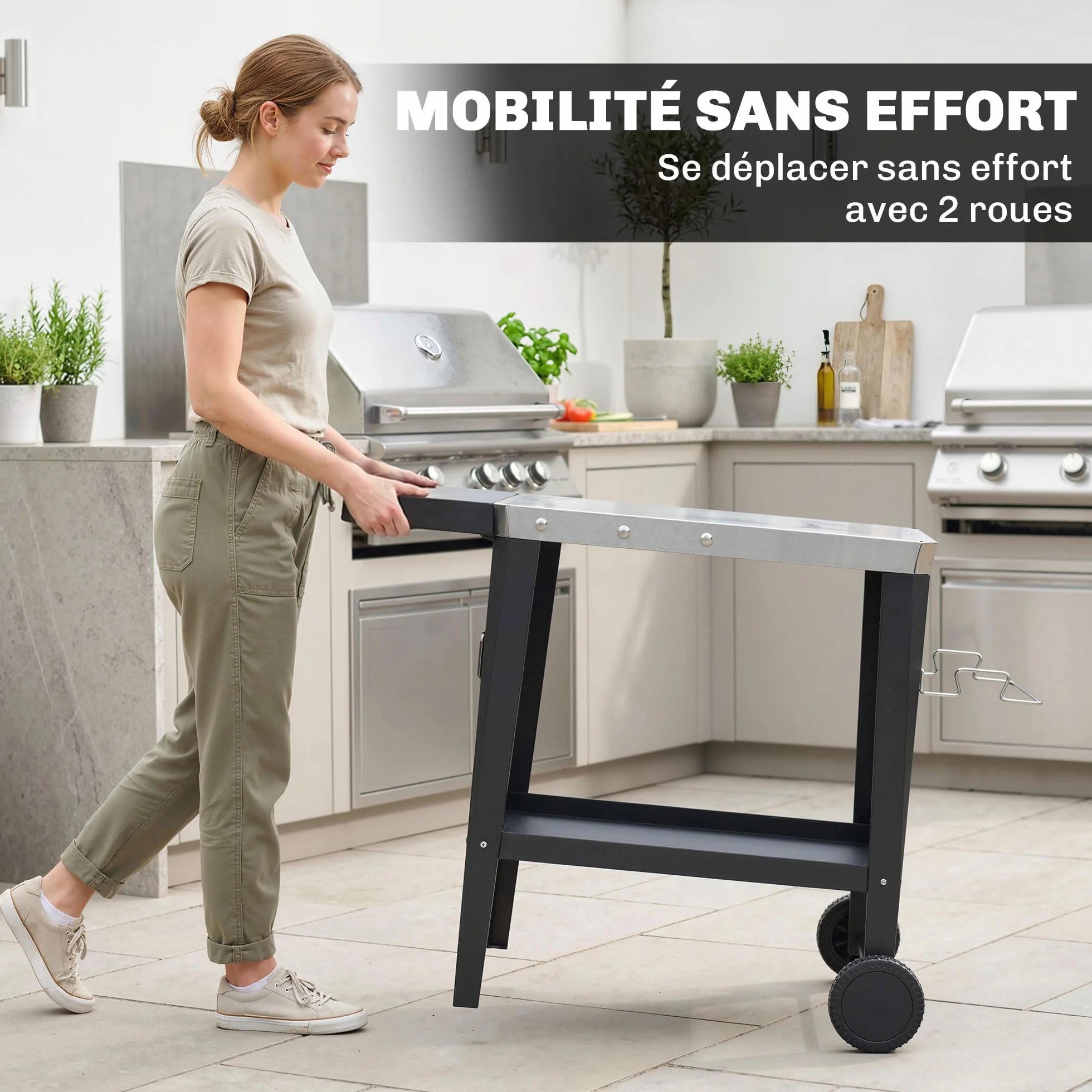 Outsunny Chariot de Barbecue 2 Niveaux Mobile Acier Inoxydable Table Latérale Pliable Roulettes 115x67,5x80,5 cm Noir