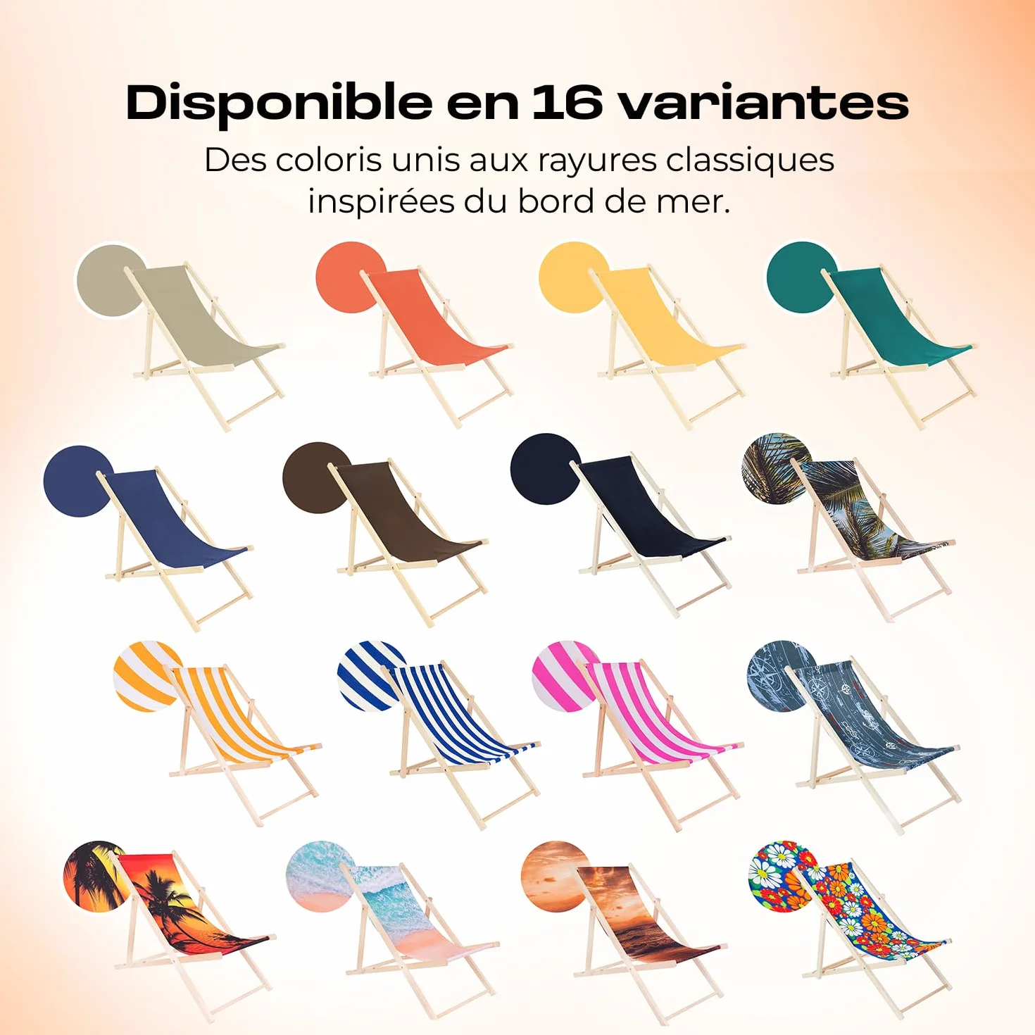 Chaise Longue Transat Jardin Pliable Bois Hêtre Réglable 3 Positions 120 kg Blanc & Orange
