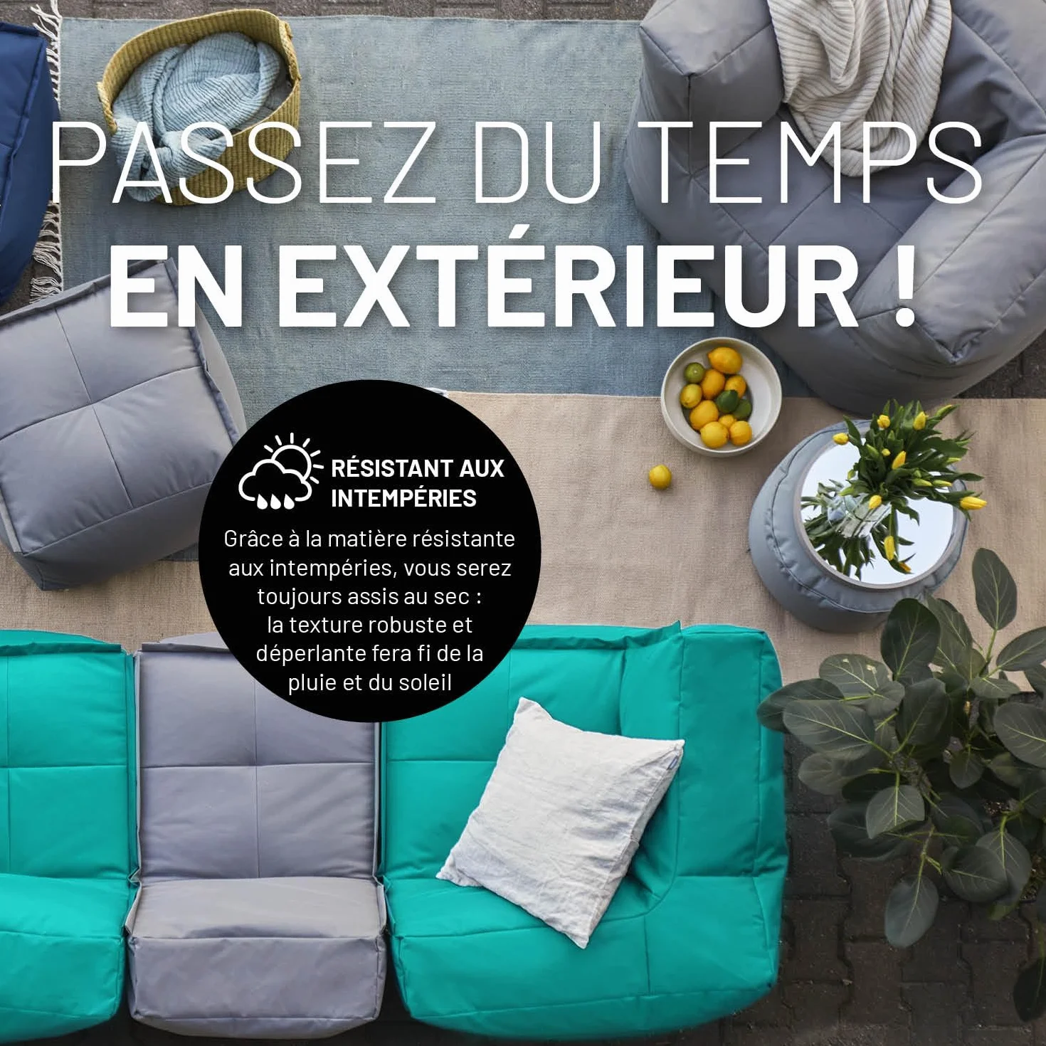 Lumaland Pouf-Sac modulaire imperméable 54x54x54 cm Turquoise