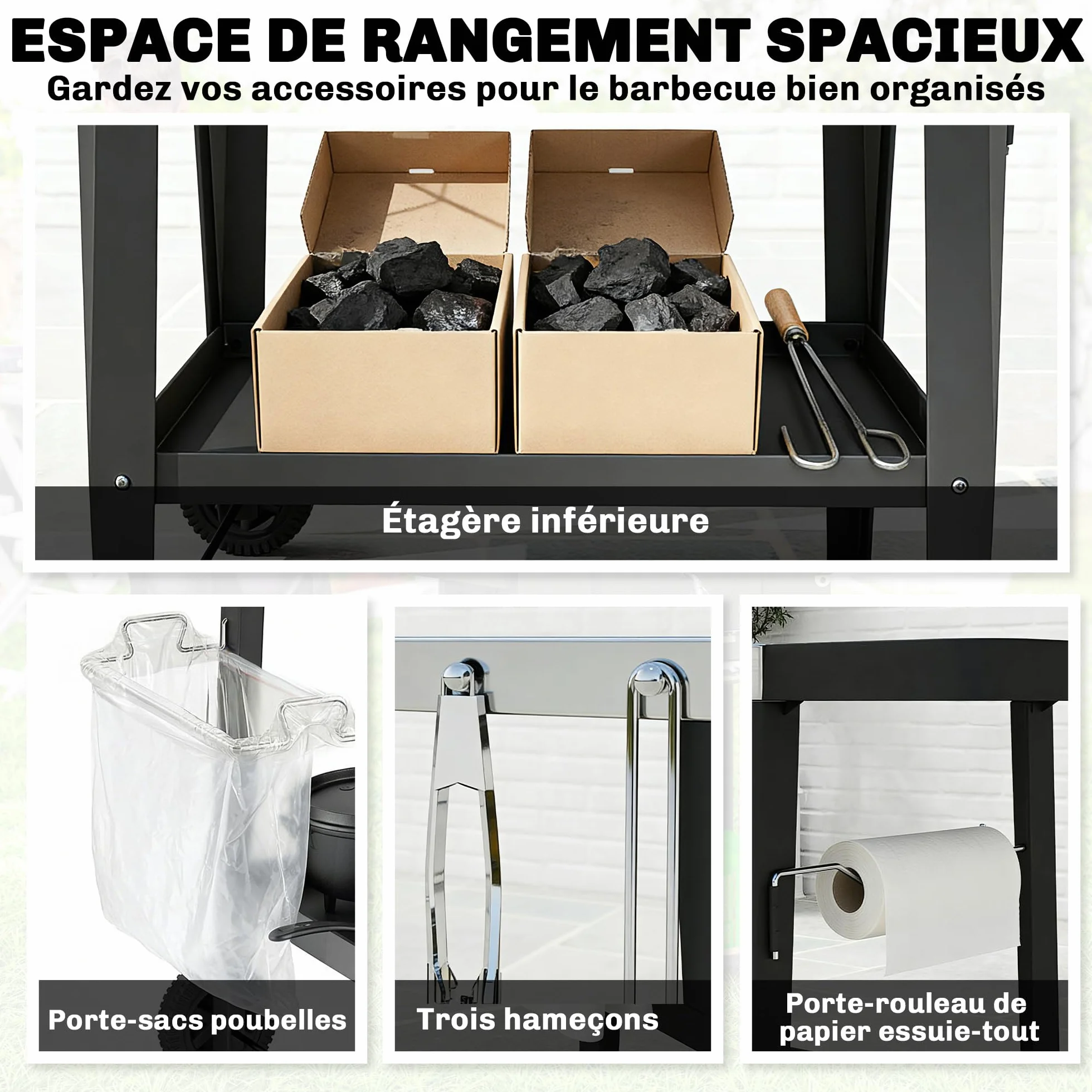 Outsunny Chariot de Barbecue 2 Niveaux Mobile Acier Inoxydable Table Latérale Pliable Roulettes 115x67,5x80,5 cm Noir
