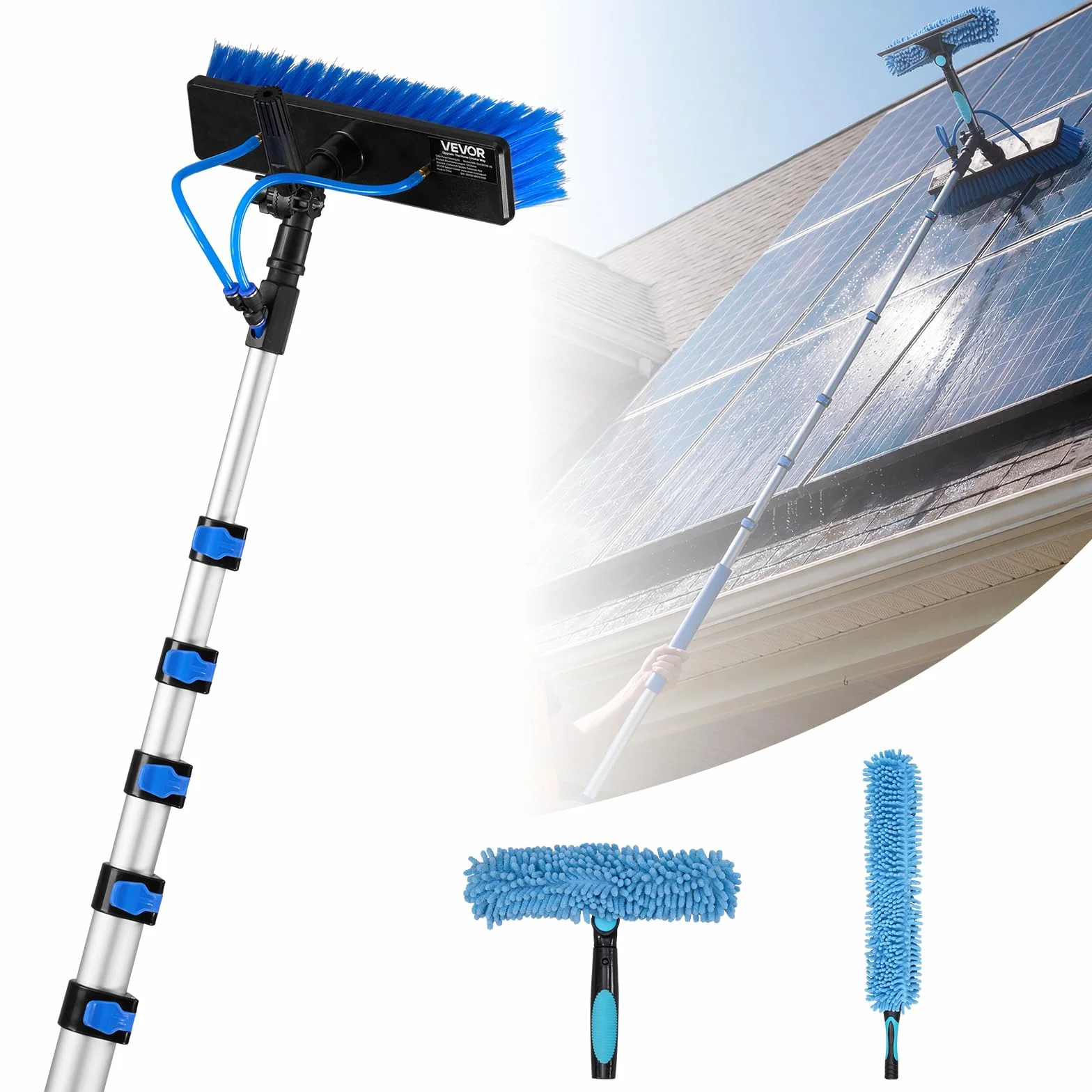VEVOR Kit Nettoyage pour Panneaux Solaires 10 m Brosse Télescopique Nettoyage à Passage Eau Perche Alliage Alu pour Panneaux Solaires sur Toit, avec Tête de Brosse Rotative 180°, Distributeur de Savon
