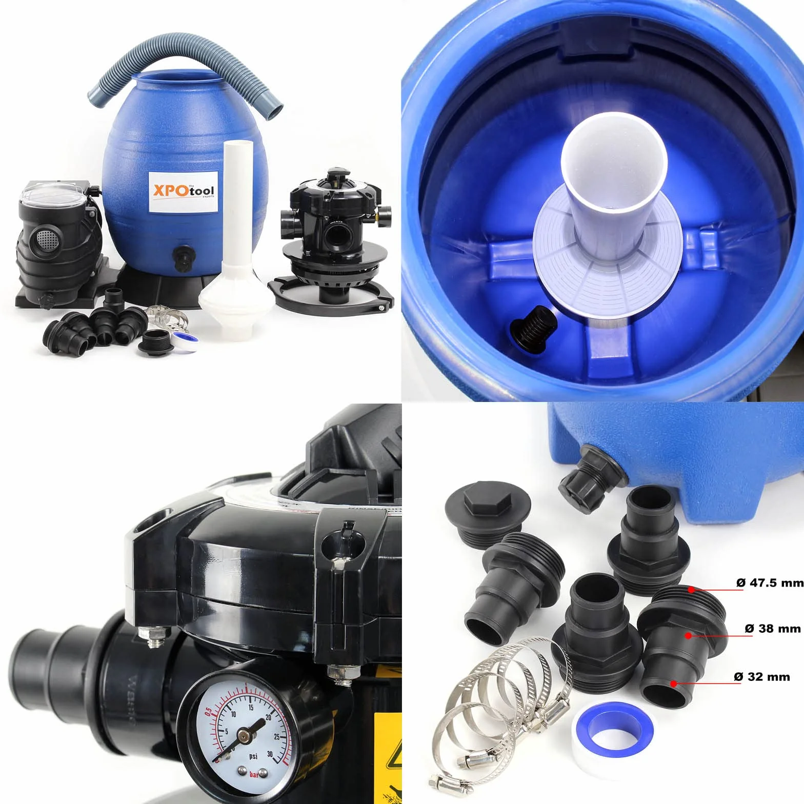XPOtool Filtre à sable et particules 250 W 26 l 10 000 l/h Vanne 5 positions Pompe de filtrage auto-amorçante Cuve de filtration Piscine hors-sol