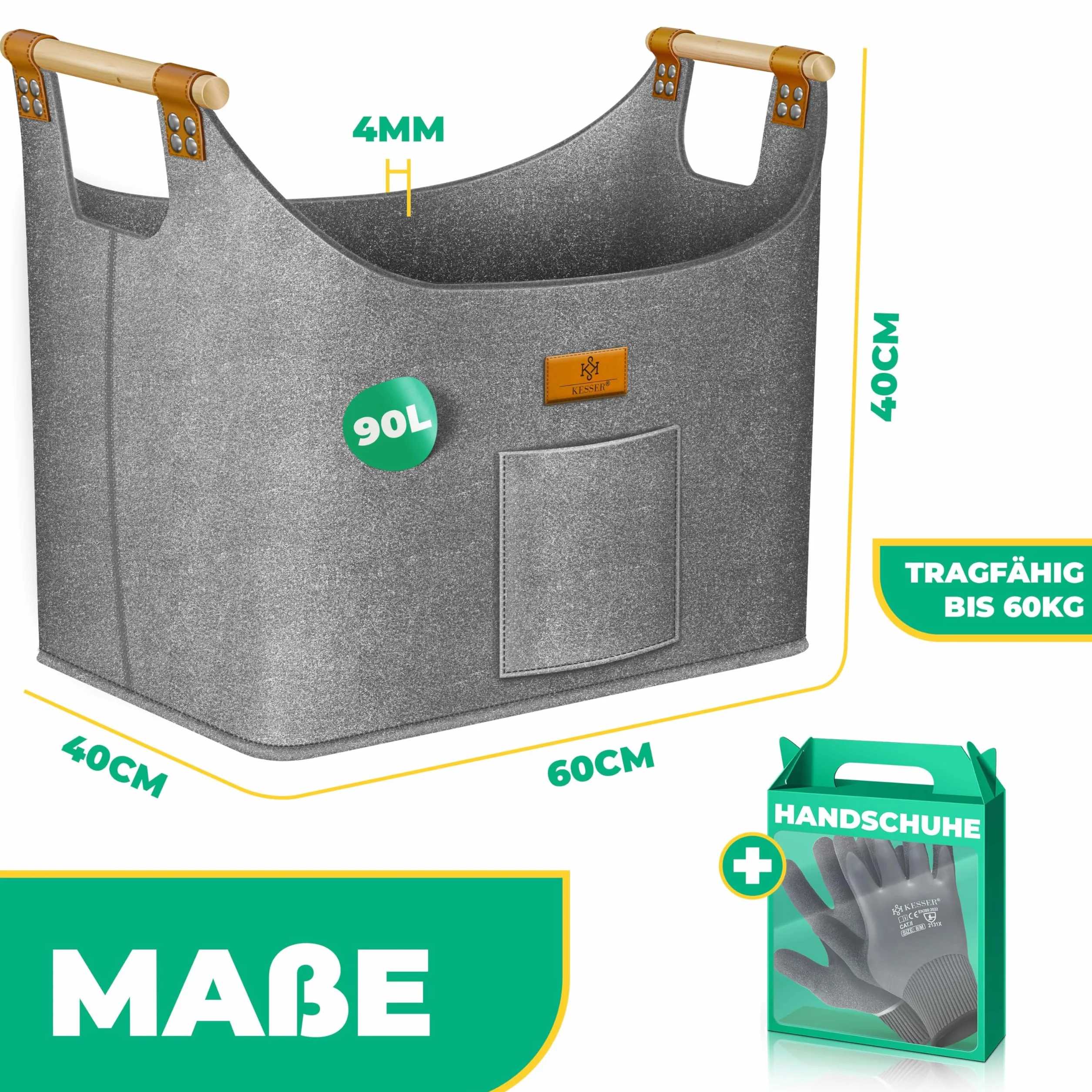 KESSER Panier à bois de chauffage 90 litres Sac en feutre extra épais Pliable Poignées renforcées