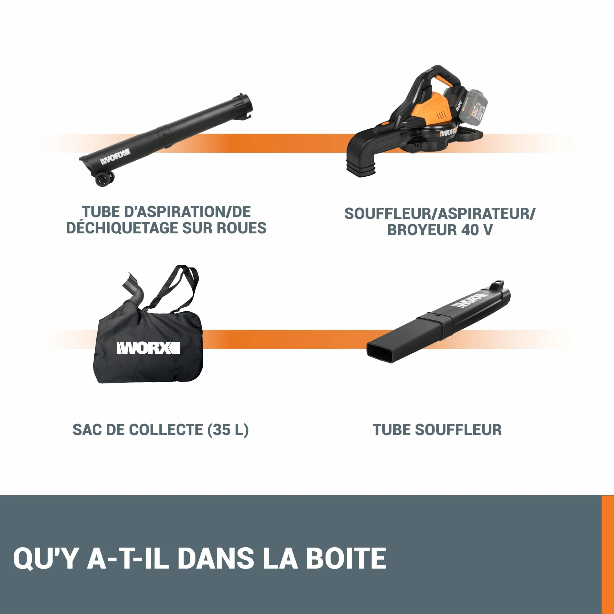 WORX Aspirateur-Souffleur sans Fil Brushless 40V WG583E.9 335km/h 2 Modes avec Harnais et Sac