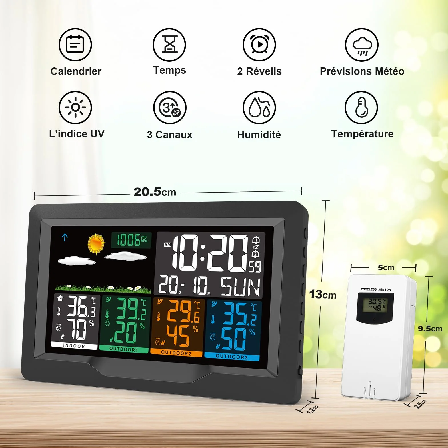 Station Météo Sans Fil avec 3 Capteurs Intérieur Extérieur, Écran LCD Rétroéclairage Réglable, Baromètre, Réveil, Prévisions