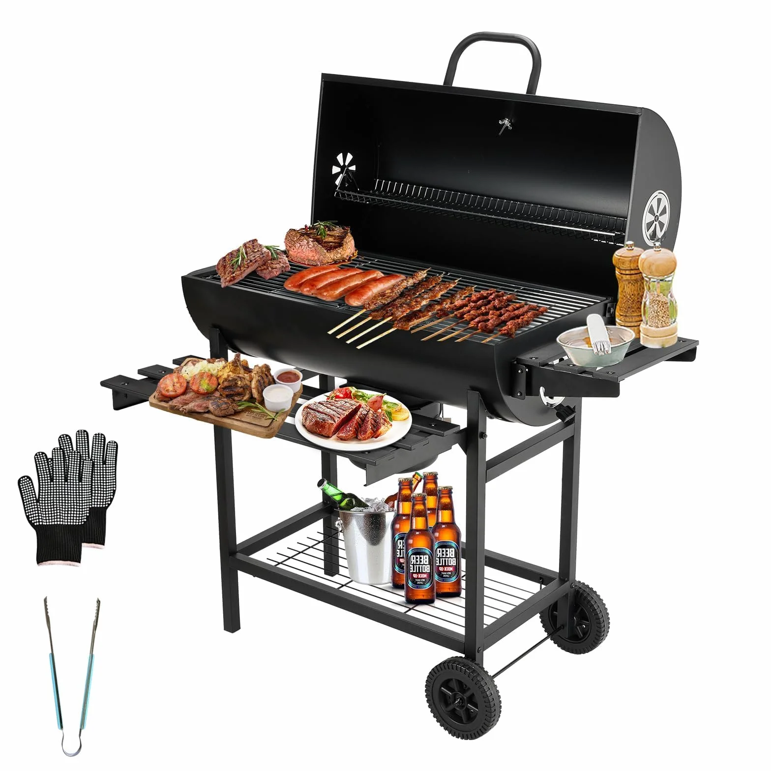 TEENO Barbecue au Charbon de Bois XXL avec Grille de Cuisson, Gants Anti-Brûlures, Thermomètre