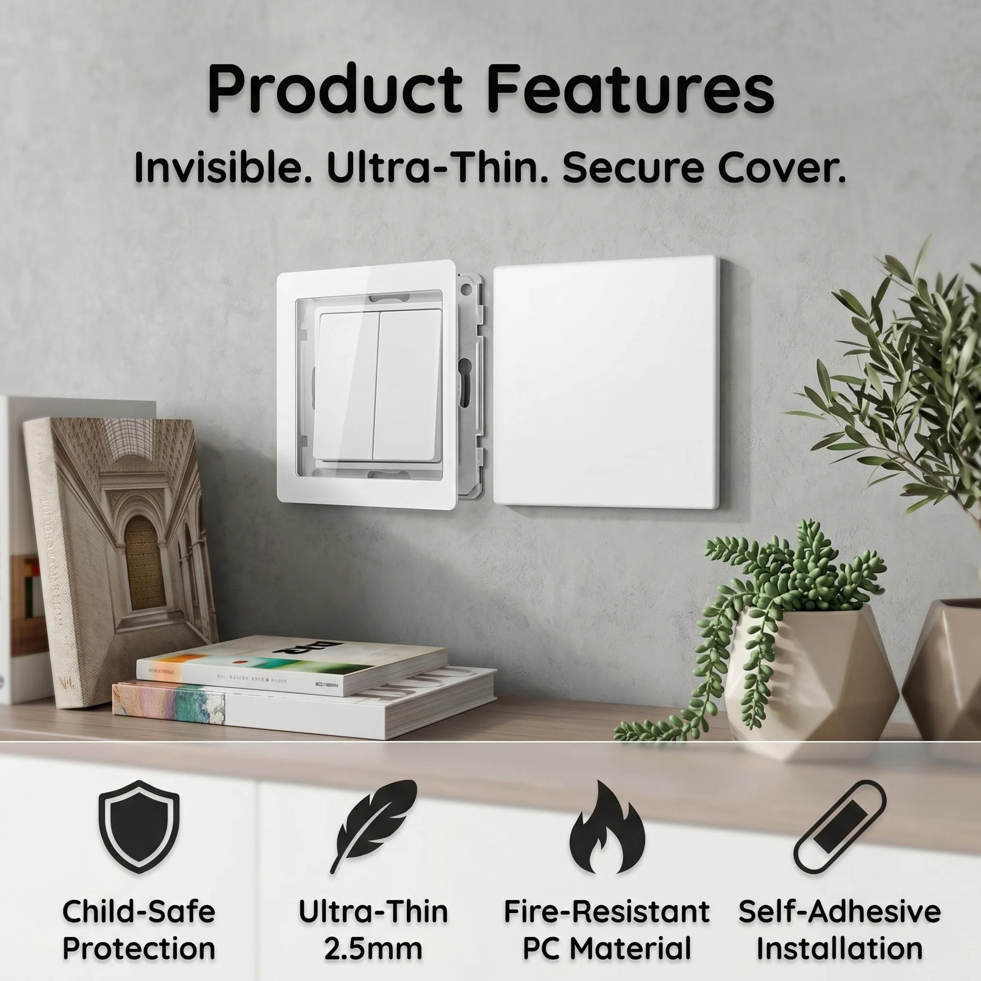 Ruvan Sans Perçage Cache-Prise Blanc Design, Lot de 2 Plaques d'Obturateur Autocollantes 86x86mm, Protection de Mur Prise et Interrupteur, Panneau de Finition en PC pour Rénovation Maison