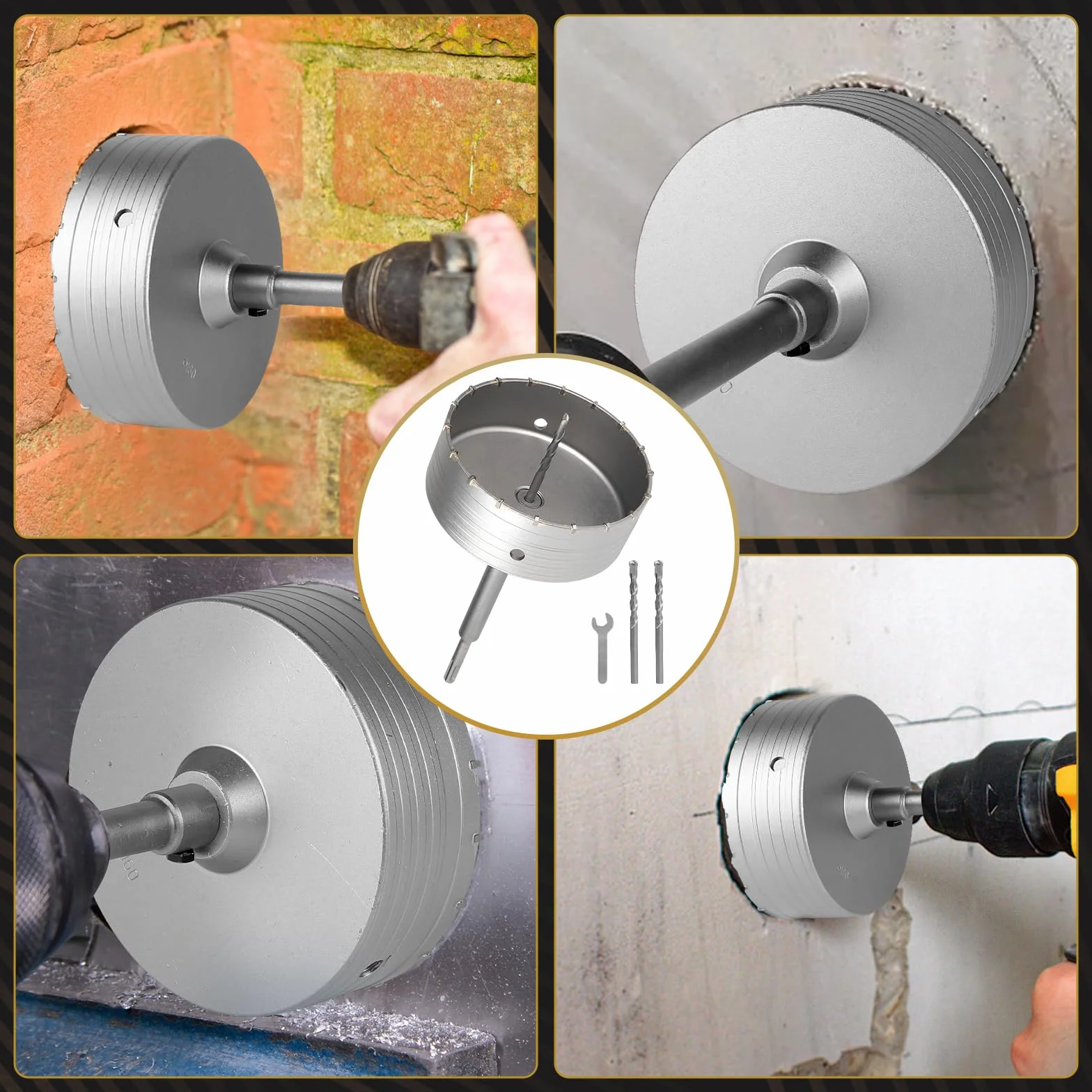 EXLECO Scie Cloche Beton 160mm Carotteuse à Sec Scie Trépan Béton Carotteuse Trépan Beton Scie à Cloche Trépan avec 220mm Adaptateur SDS Plus 3 Foret de Centrage, Trépan Couronne pour Ciment Brique