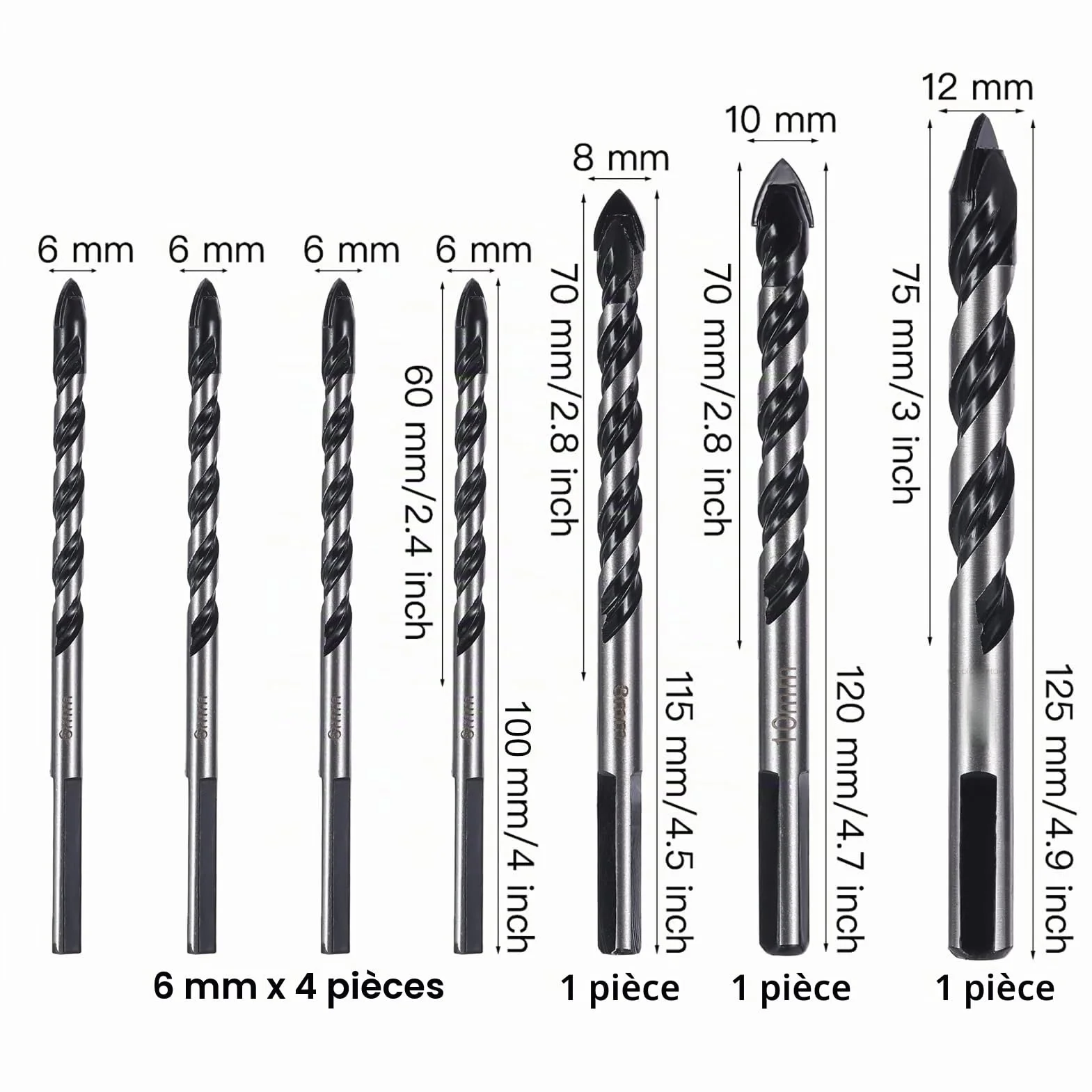 Forets à Pointe Carbure de Tungstène Ø 6-12 mm Lot de 7 pour Carrelage Porcelaine Brique Ciment Bois Verre
