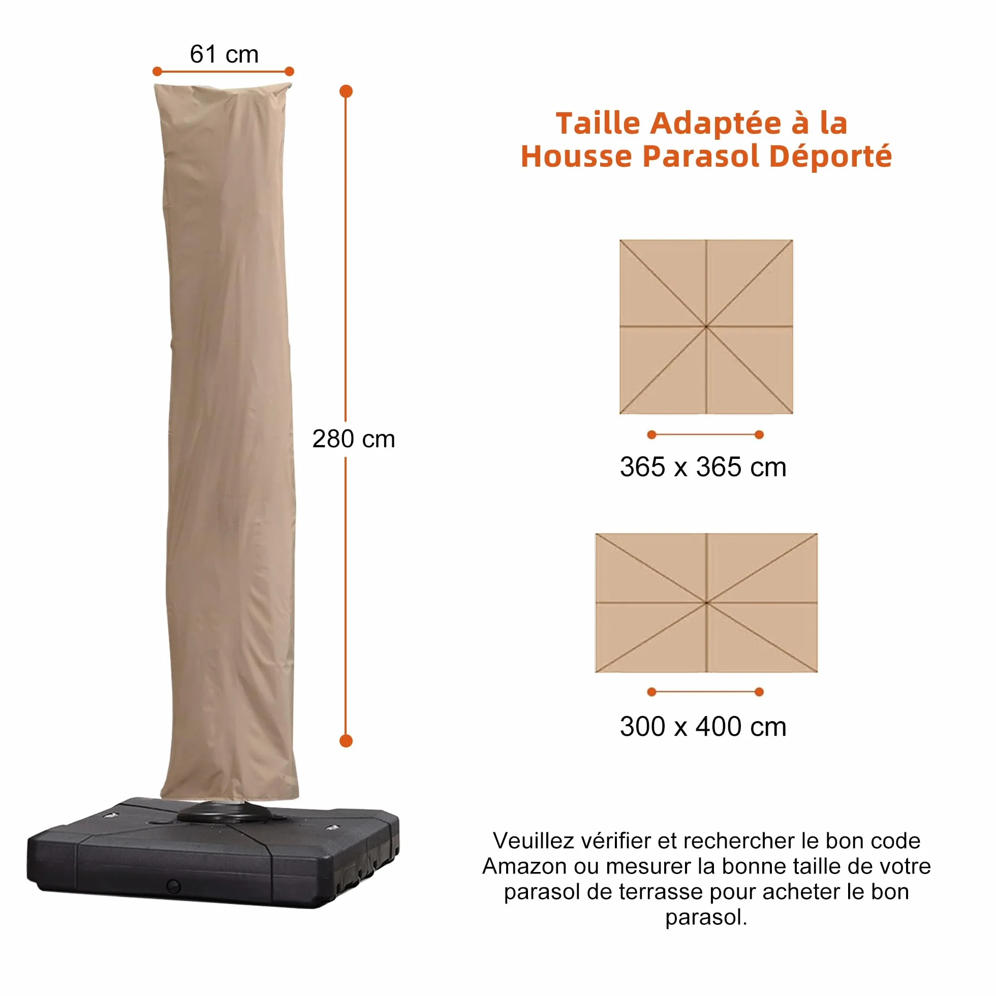 PURPLE LEAF Housse pour Parasol de Jardin 281 x 61 cm UV Résistant avec Bâton Zip Beige
