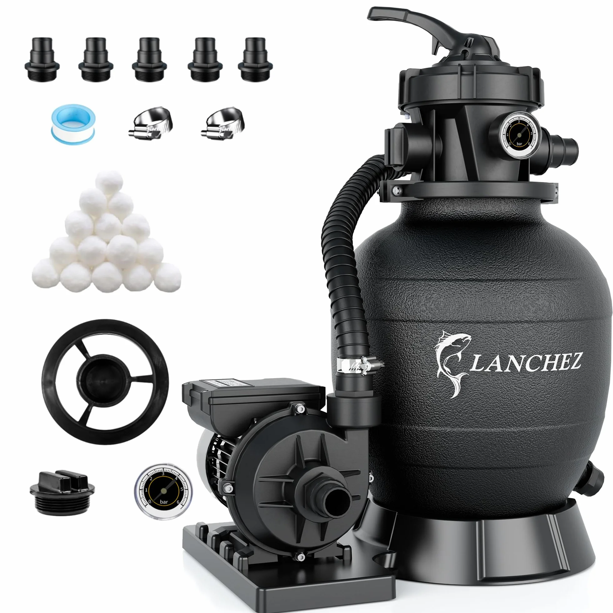 LANCHEZ Filtre Piscine à Sable 9 m³/h Pompe 250 W Vanne 7 Voies Manomètre Adaptateurs Ø32/38 mm Billes Filtrantes