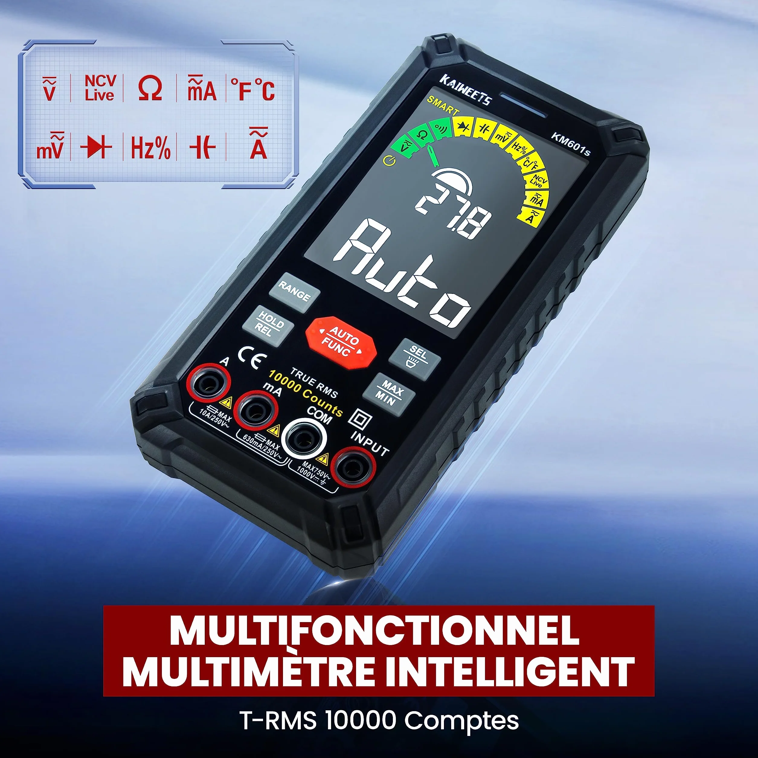 KAIWEETS Multimètre Automatique Rechargeable 10000 Comptes, Multimètre Numérique Professionnel, Testeur Electrique, Mesure de Courant Tension Résistance Continuité Capacité Diode Fréquence