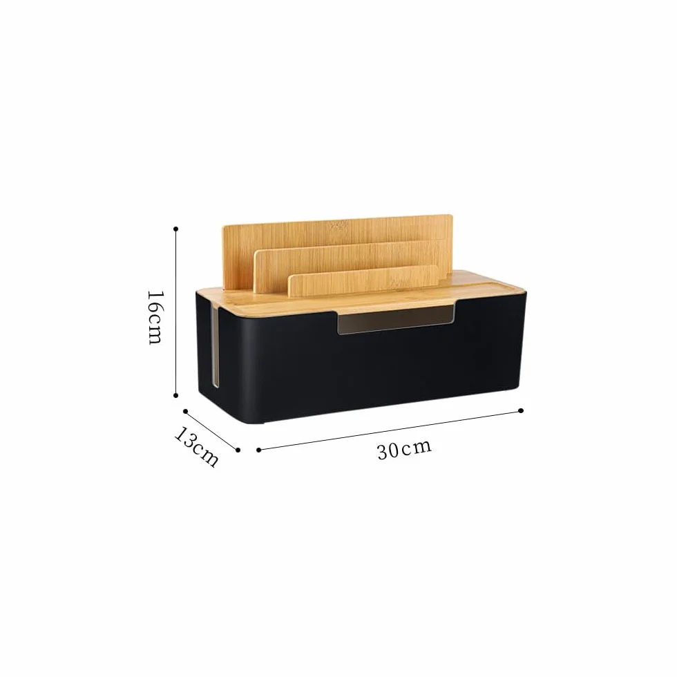 Boîte de gestion des câbles avec couvercle en bois, rangement multi-appareils pour téléphones/tablettes/smartwatches, rangement des câbles sur le bureau pour un espace de travail ordonné (Noir)