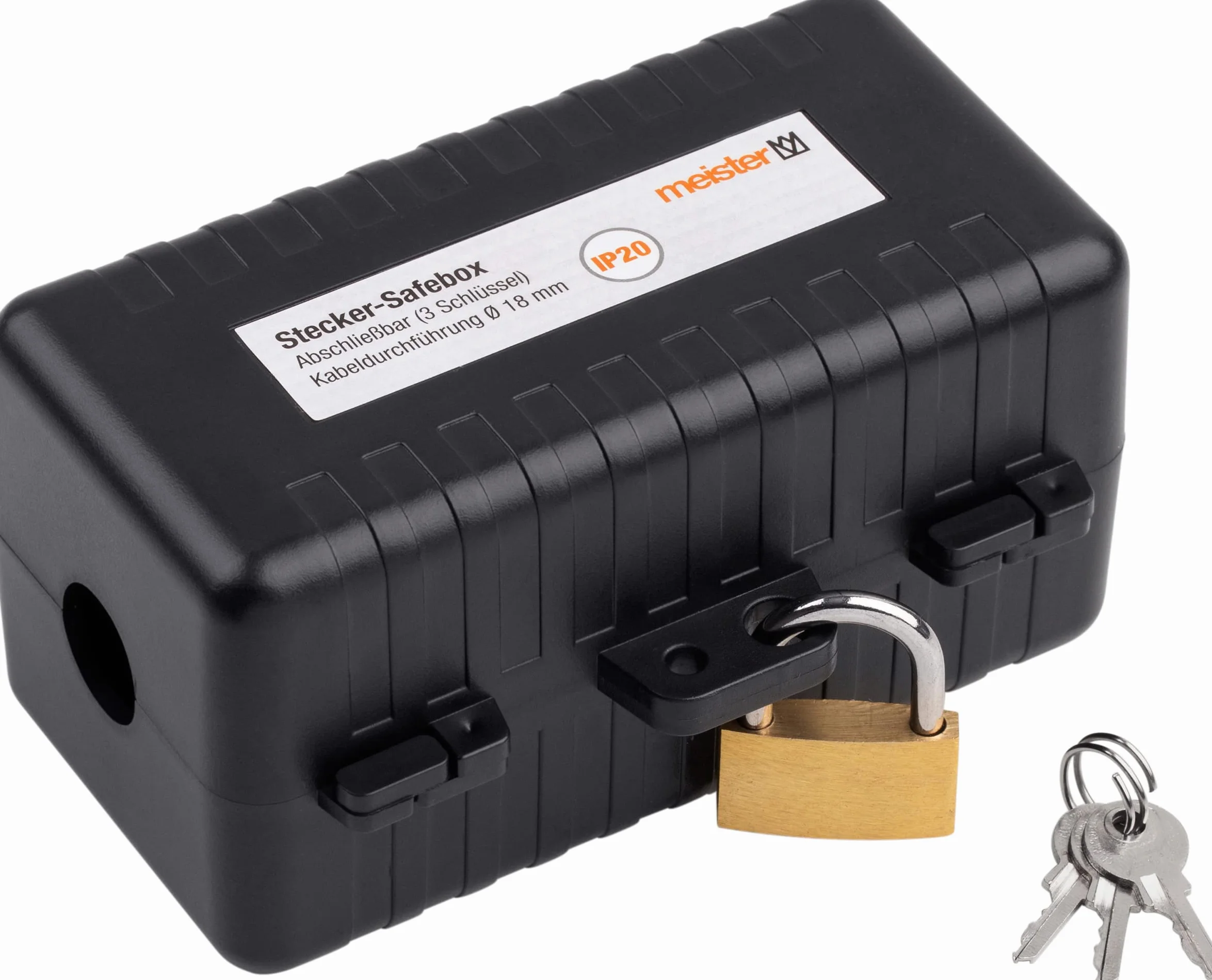 Meister Safebox 7436120 Boîte de rangement pour câbles jusqu'à 18 mm d'épaisseur avec cadenas et clés pour Euro & Schuko Noir 120 x 60 x 60 mm