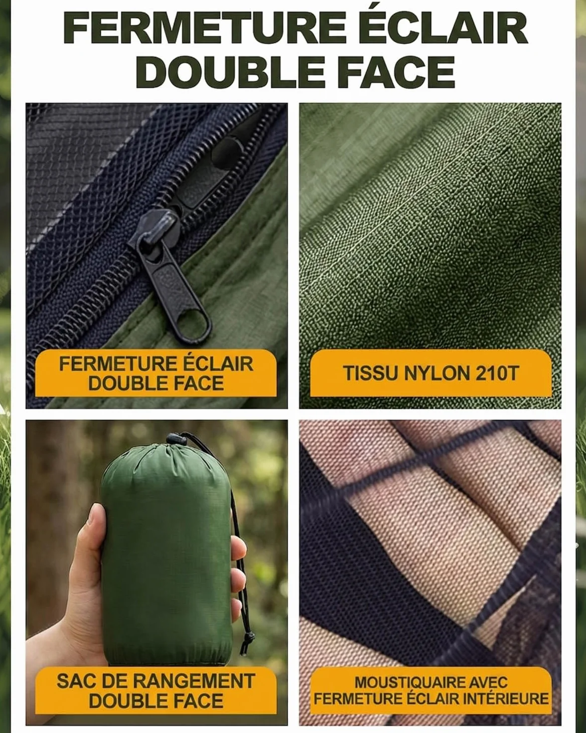 Hamac de Camping 290x140 cm avec Moustiquaire, Capacité 300kg, Nylon Parachute 210T, Léger