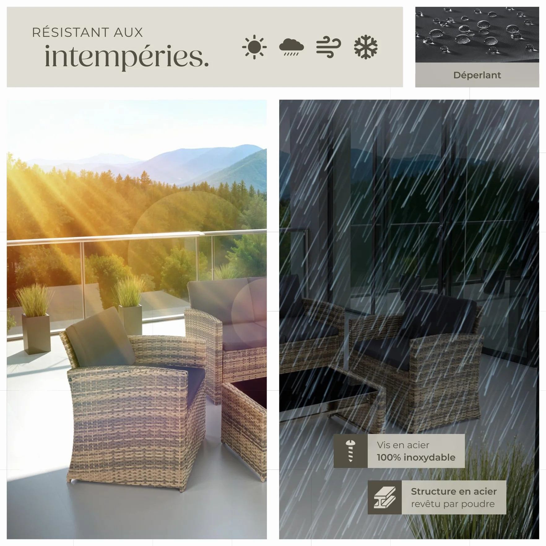 Tectake Salon de Jardin Résine tressée 4 Places Table Canapé 2 Fauteuils Coussins Inclus Marron Naturel Gris foncé