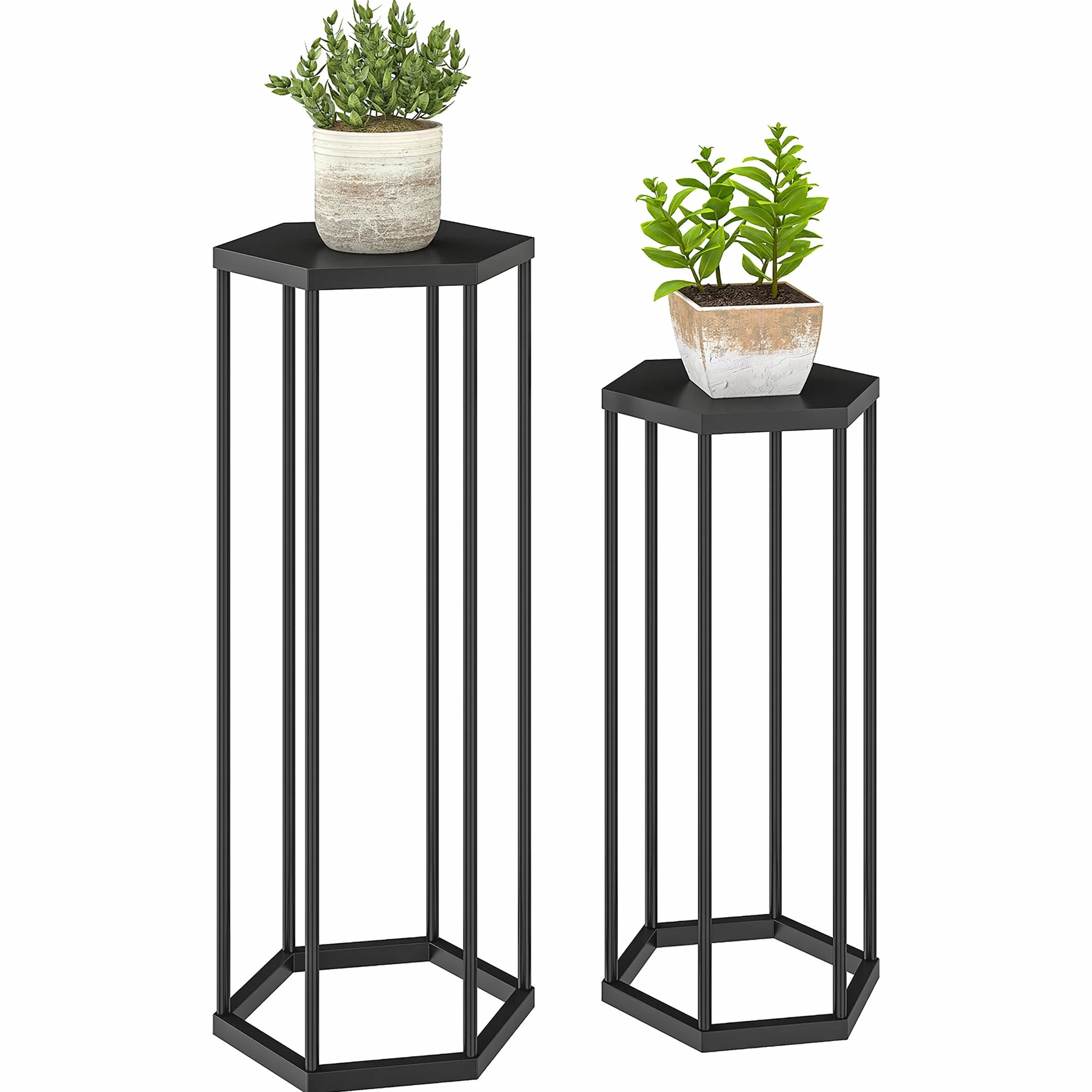 Outsunny Lot de 2 supports pour plantes hexagonal en métal noir, porte-plante haut intérieur extérieur