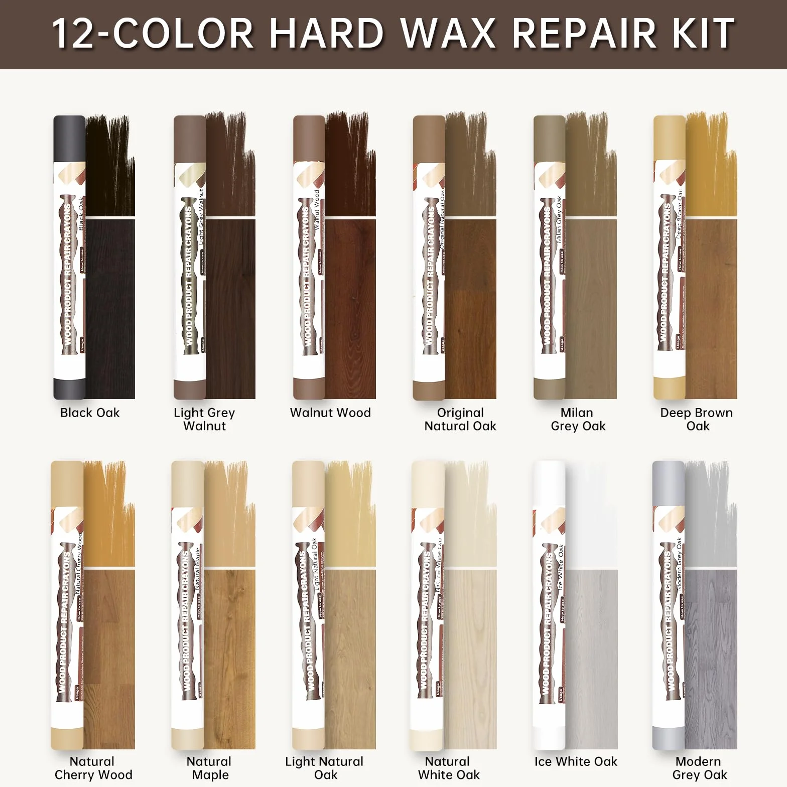 Pate a Bois 12 Couleurs Brun, Pate a Bois Rebouchage, Kit Reparation Parquet, Mastic Bois, Kit Reparation Carrelage, Parquet Stratifié, pour Trous, Rayures et Fissures sur Stratifié