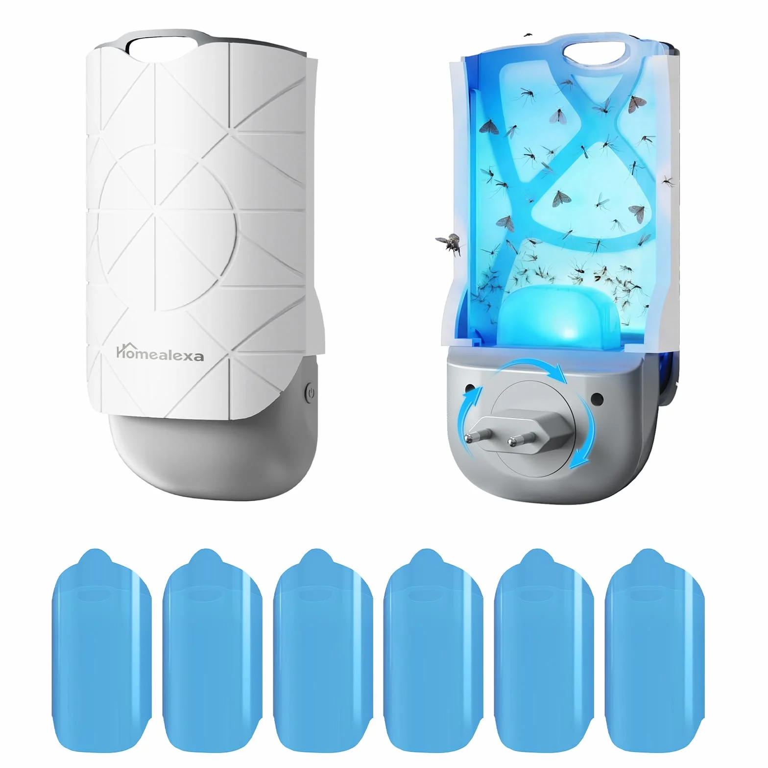 Homealexa Piège à Moucherons Intérieur LED UV Électrique, Anti Moucherons, Prise Rotative 180°, avec 6 Cartes Adhésives