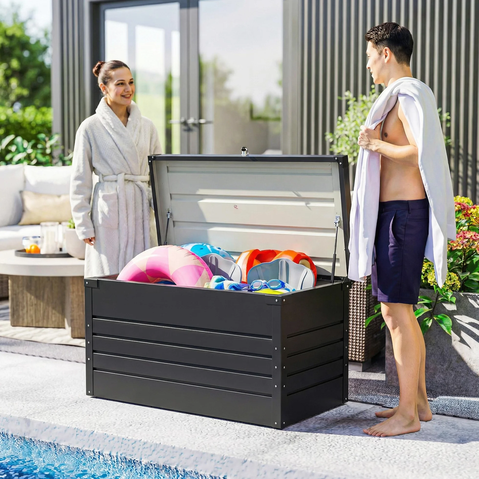 Outsunny Coffre de rangement métal 350L acier galvanisé étanche double vérins gaz verrouillable gris anthracite