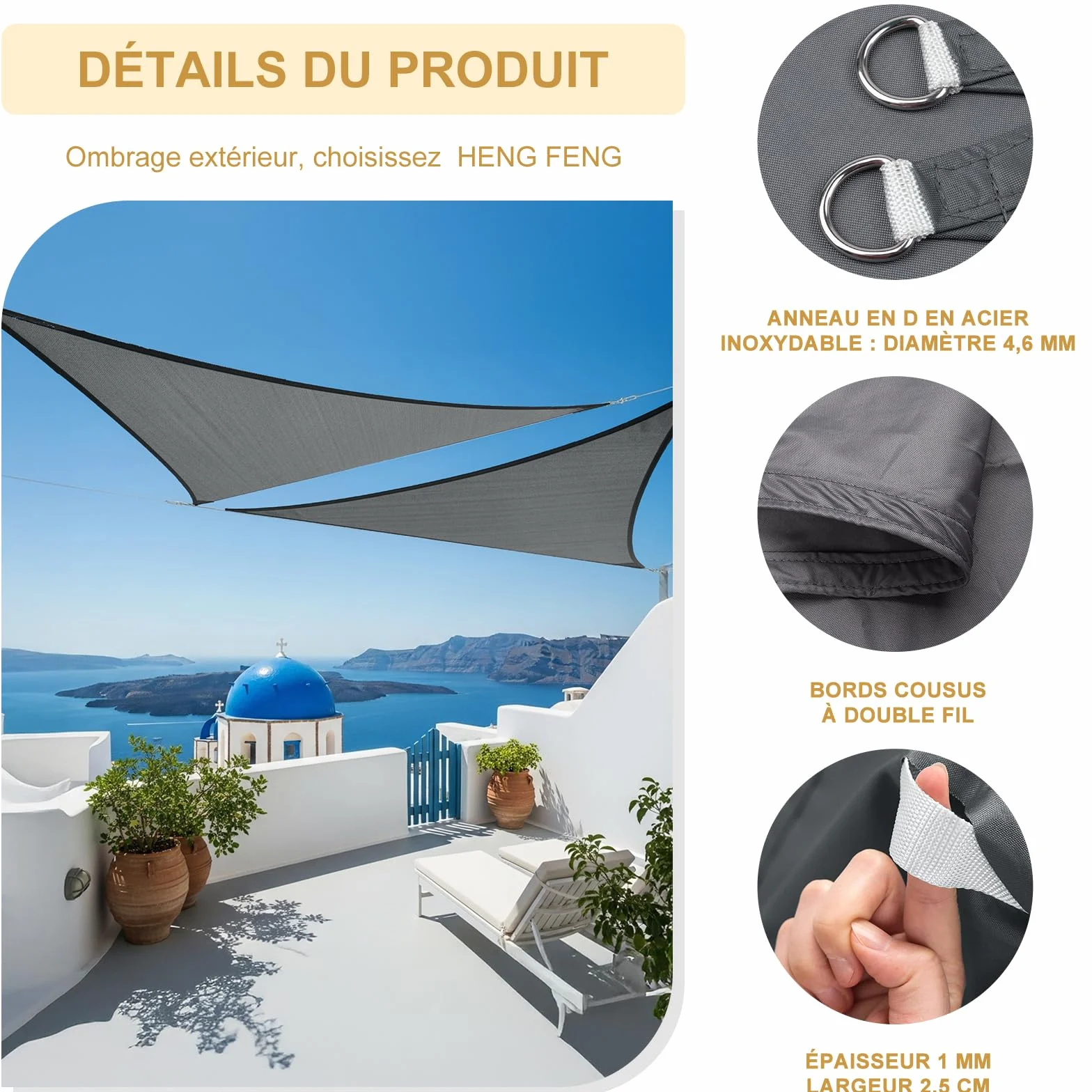 HENG FENG Voile d'ombrage Triangulaire 3x3x3m Toile imperméable Oxford 95% UV Anthracite