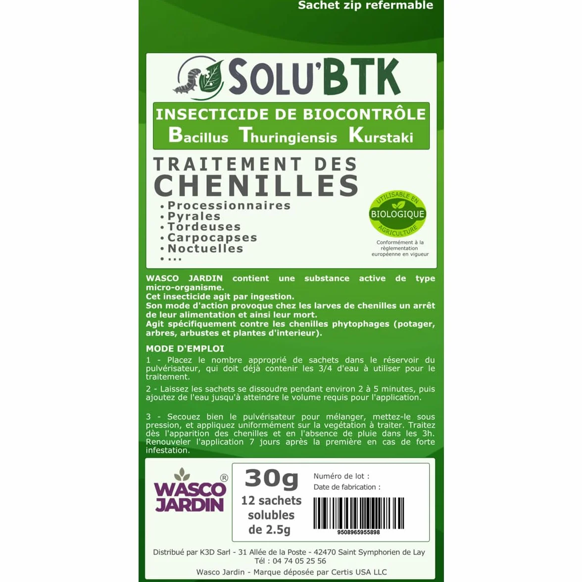 Insecticide Bacillus Thuringiensis Kurstaki 30 g 40 L Chenilles Pyrales Tordeuses Carpocapses Noctuelles Agriculture Biologique