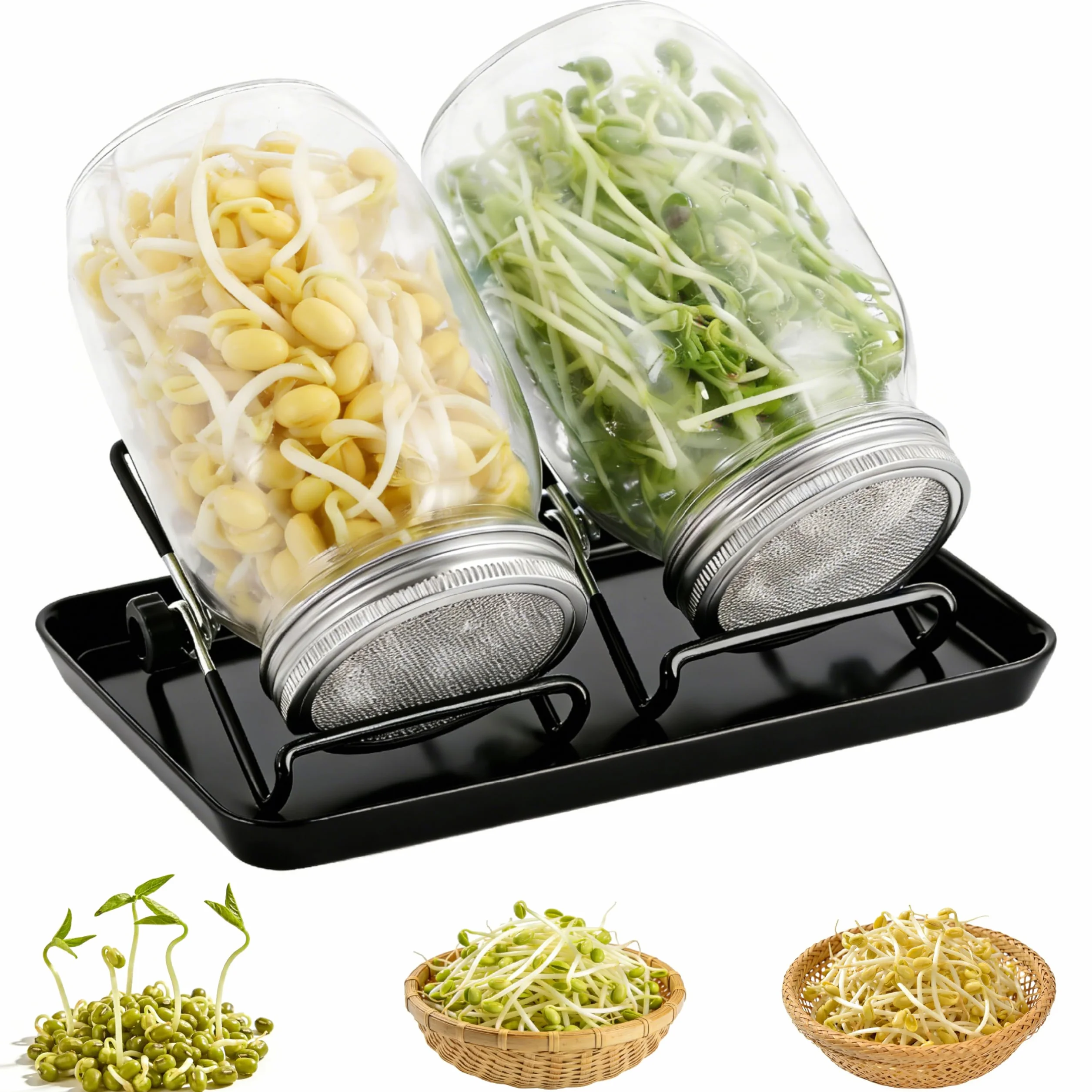 Lot de 2 bocaux en verre 1000 ml avec couvercle à tamis et bol en acier inoxydable 304 pour germination
