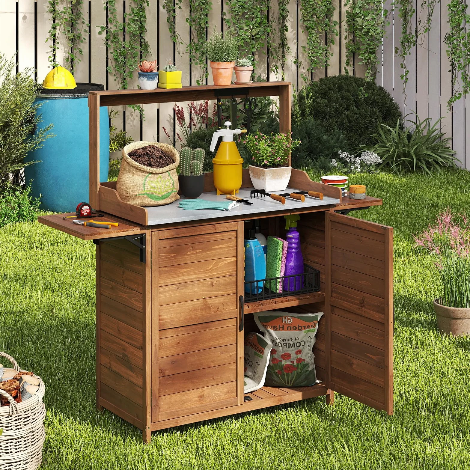 RELAX4LIFE Table de Rempotage d'Extérieur en Bois avec Armoire, Plateau Métal, Étagère 3 Niveaux