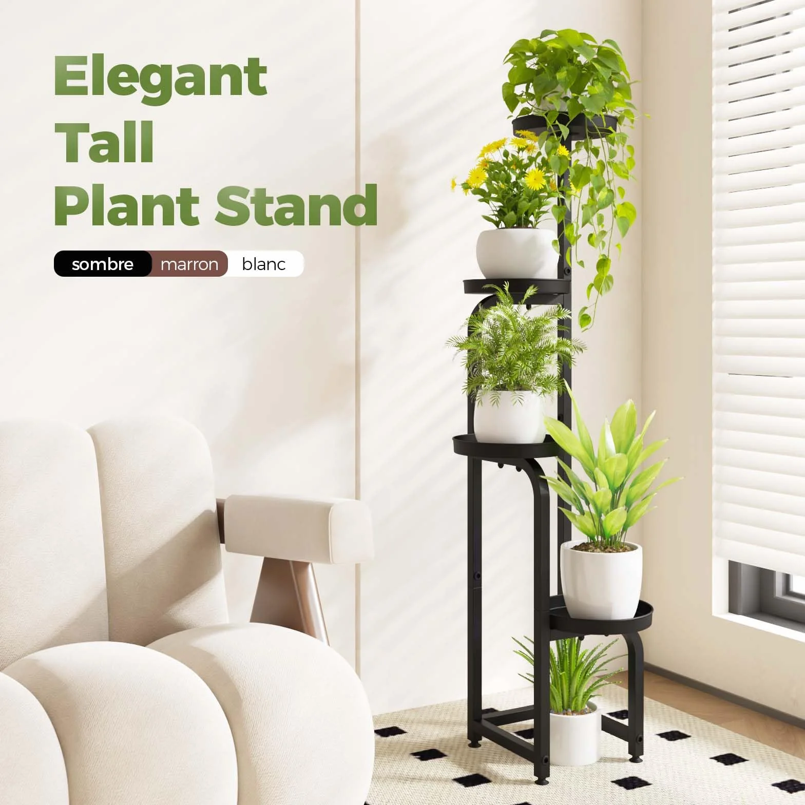 Bamworld Support Plantes Intérieur Haut 4 Niveaux Métal Étagère Plante pour Extérieur Terrasse Jardin Balcon