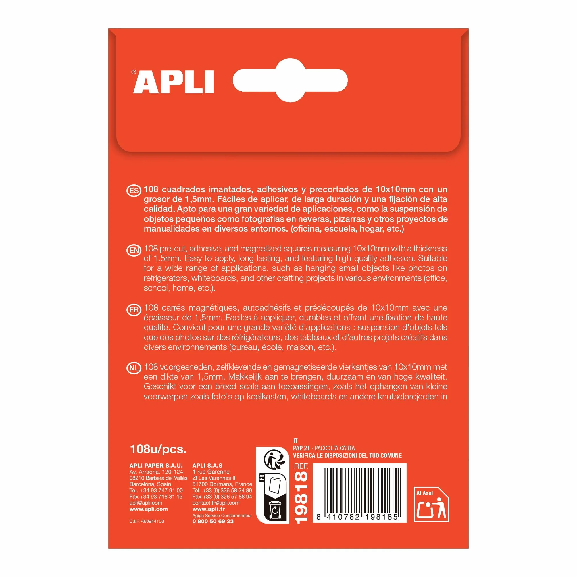 APLI 19818-108 carrés magnétiques adhésifs et prédécoupés de 10 x 10 mm d'une épaisseur de 1,5 mm pour accrocher de petits objets ou des photos.