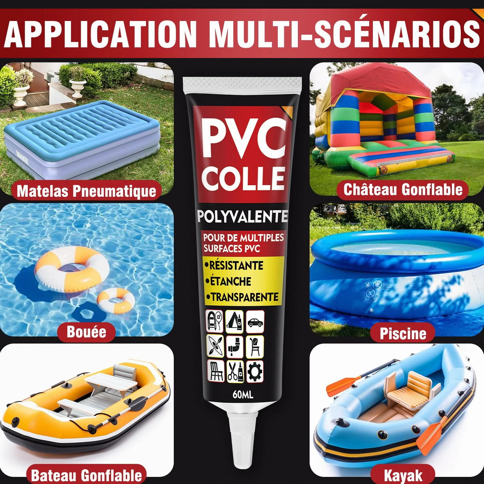 Kit Réparation Piscine 60ml Rustine Transparente pour Matelas Gonflable, Bouées, Bateaux