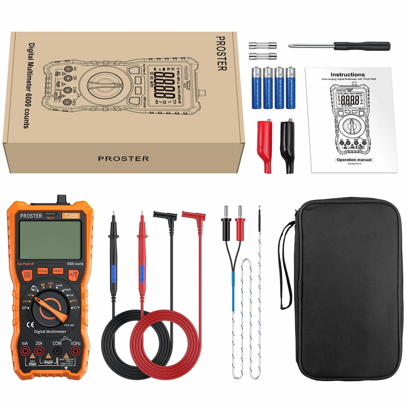 Proster Multimètre Automatique 6000 Comptes TRMS 1000V 20A - Testeur Électrique NCV Numérique Magnétique avec Température Capacité Fréquence, Multimetre Professionnel pour Électricien Bricolage Maison