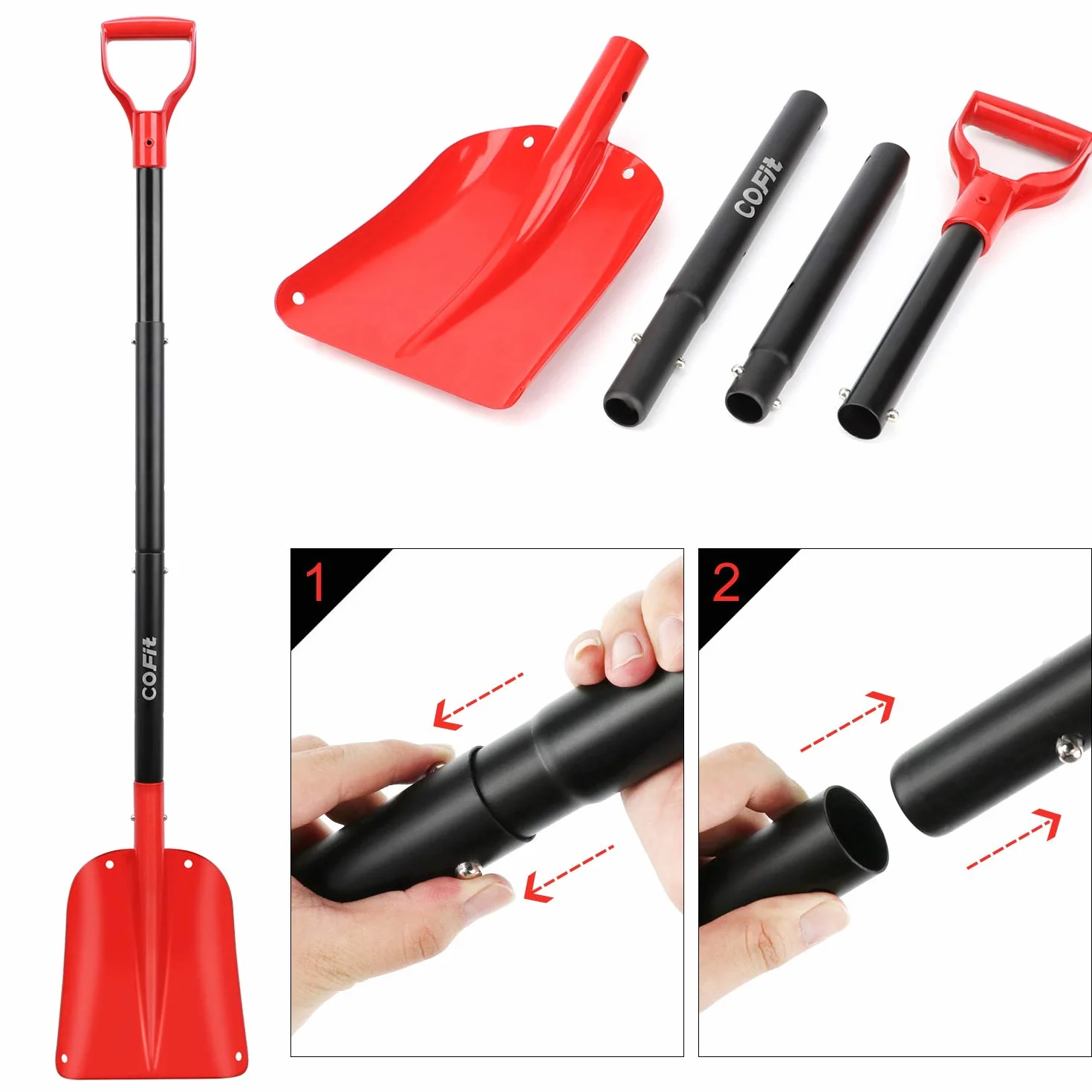 COFIT Pelle à Neige Voiture 120cm Détachable Manche Long Aluminium Rouge