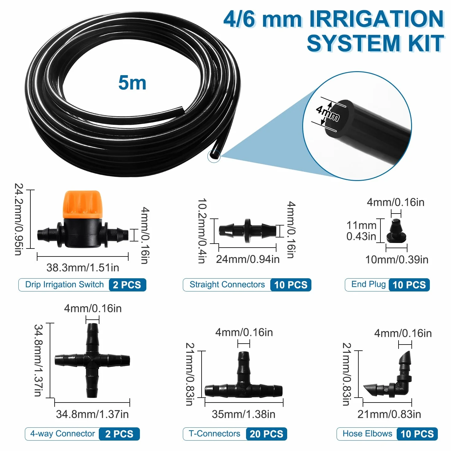 Kit d'irrigation goutte 55 pièces 4/6 mm 5m tuyau irrigation avec raccords cannelés droits connecteurs T bouchons extrémité