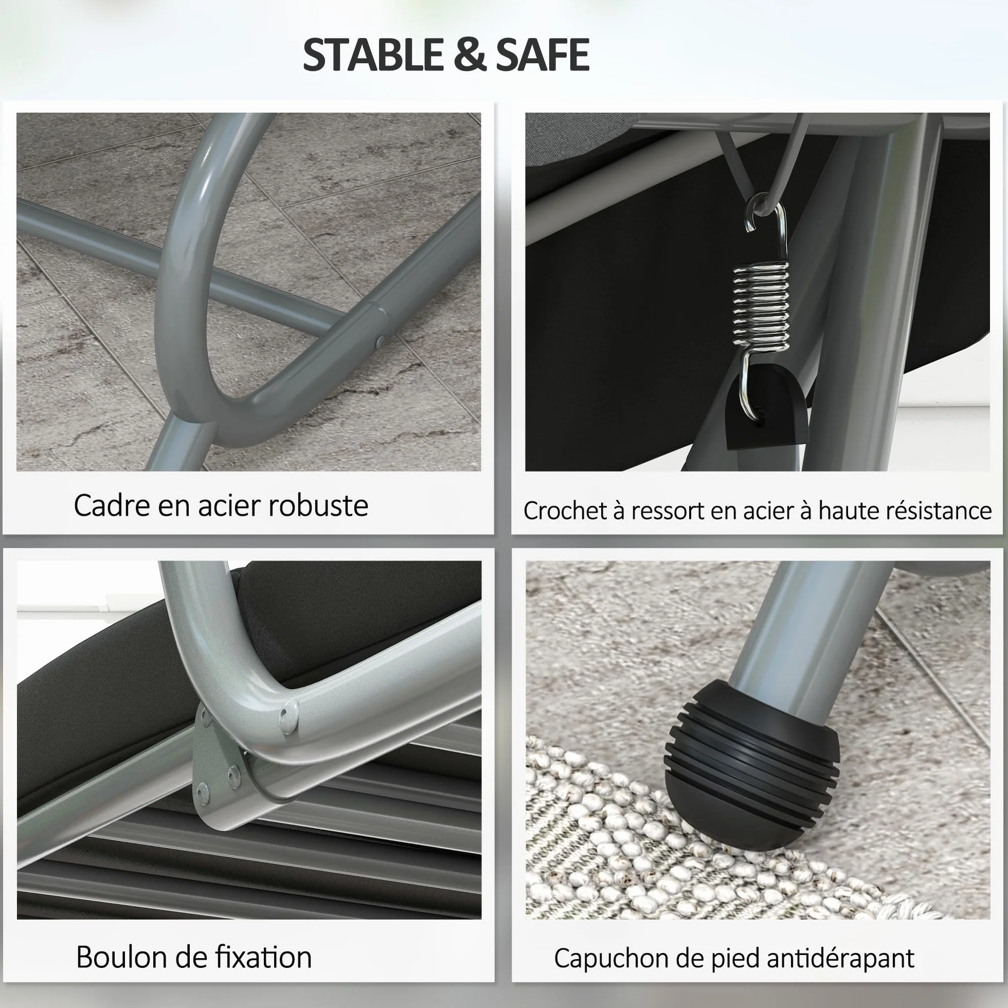 Outsunny Balancelle de Jardin 3 Places Convertible Toit Inclinaison réglable métal Noir Gris