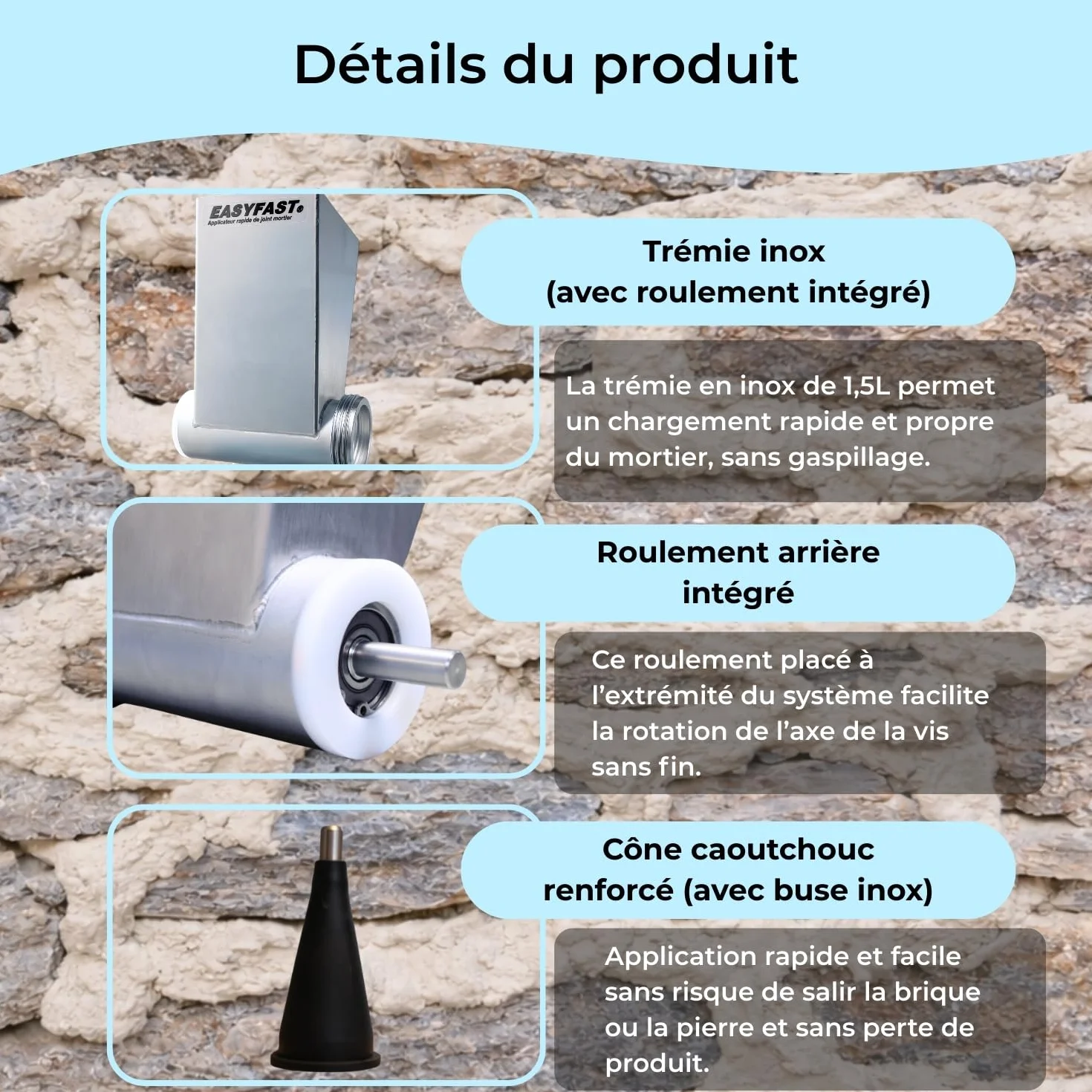 Jointoyeuse – Applicateur Rapide de Joint Mortier, Compatible avec tout type de Visseuse/Perceuse, Dosage Précis, Pour Murs en Pierres ou en Briques, Accepte Tous Types de Joints Fins