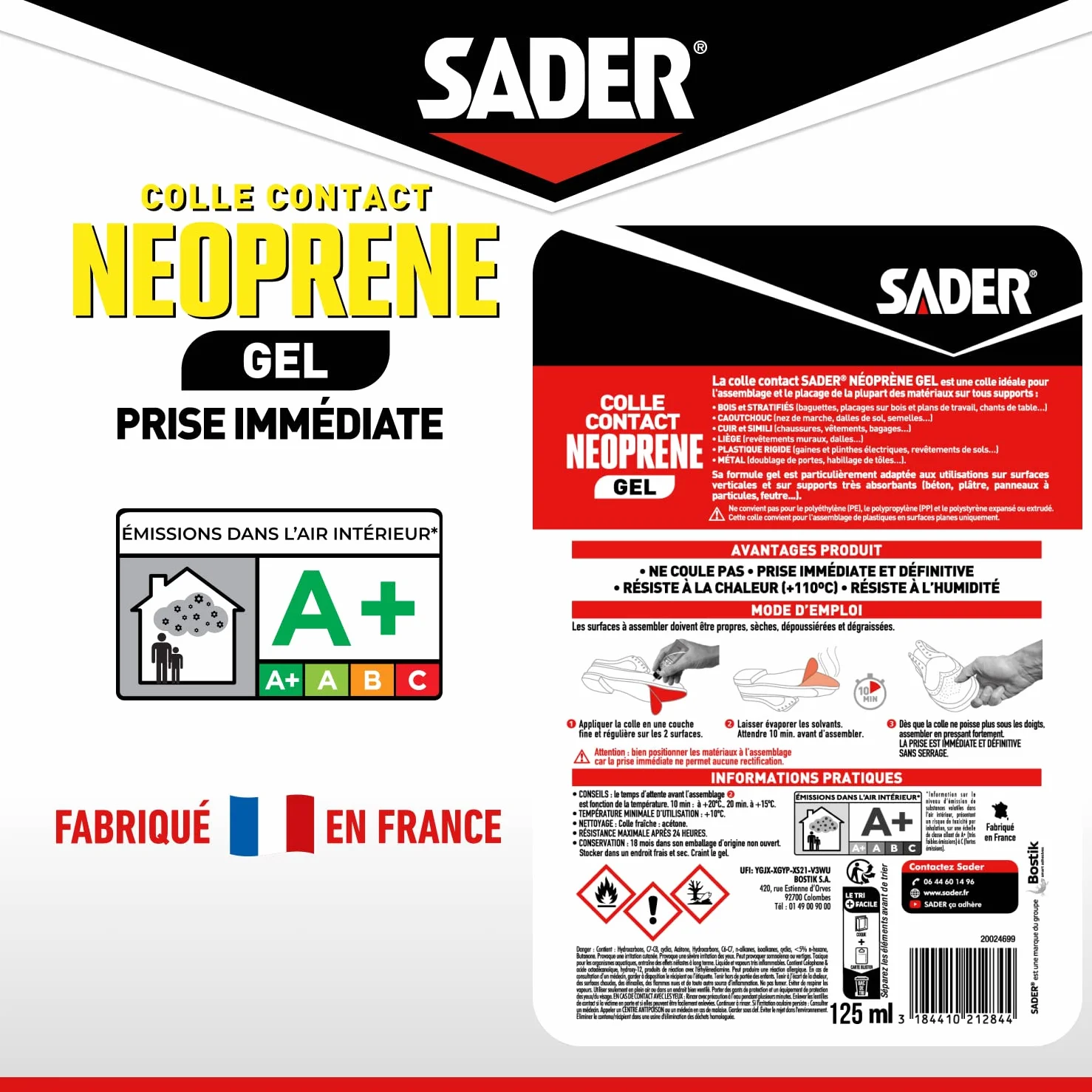 Sader Colle Contact Néoprène Gel – Colle Extra Forte Tous Matériaux – Prise Immédiate – Idéale pour Supports Poreux ou Verticaux–Transparente –Tube 125 ml, Ambré - l'emballage de l'article peut varier