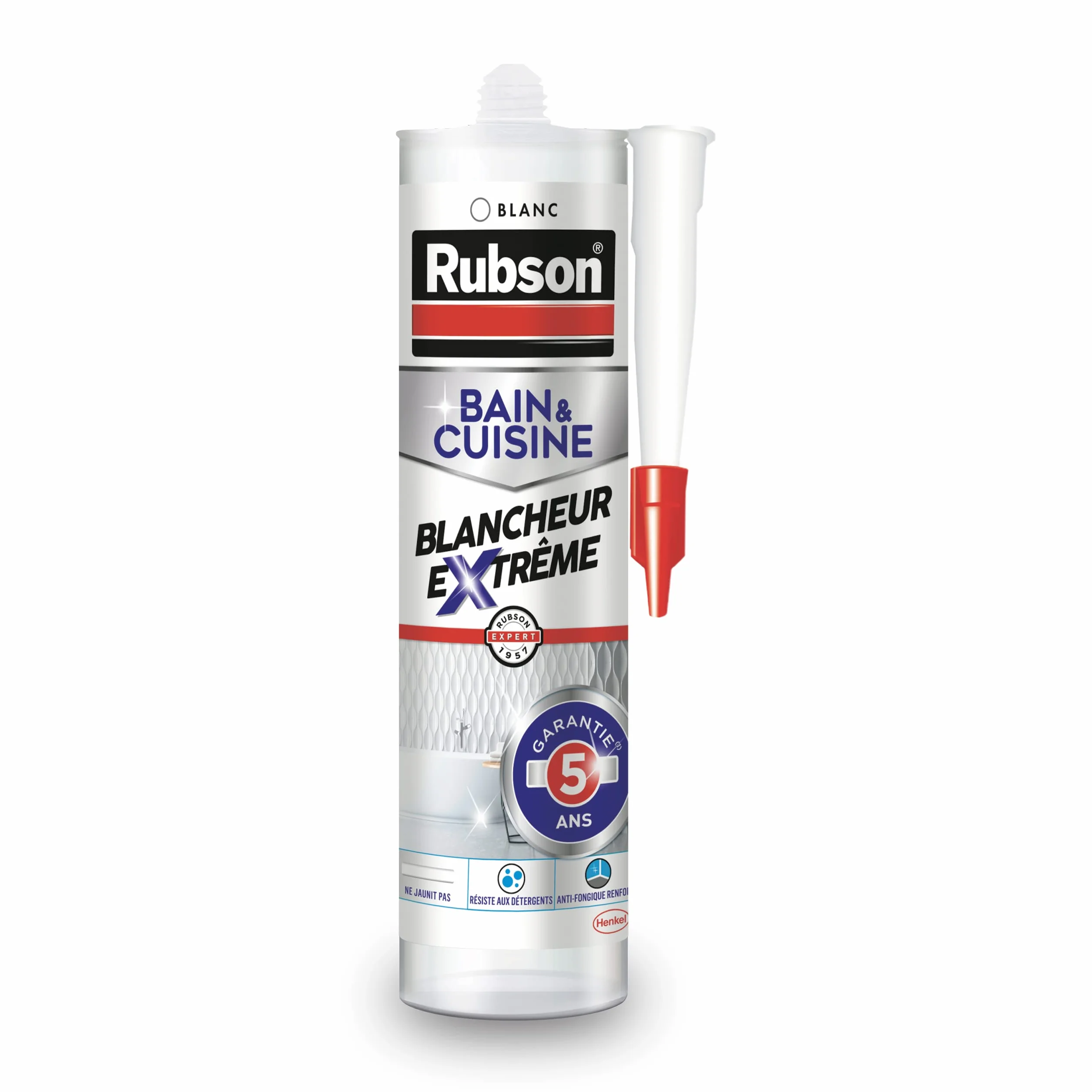 Rubson - Mastic Bain & Cuisine Blancheur Extrême (cartouche 280ml) étanche et anti moisissures à base de silicone - longue durée, Blanc