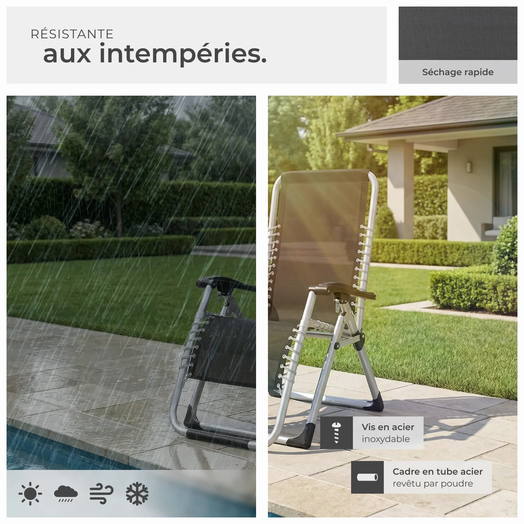 Tectake Fauteuil de Jardin Pliable avec Rembourrage, Repose Pieds, Accoudoirs, Appuie-tête Amovible, Structure Acier époxy